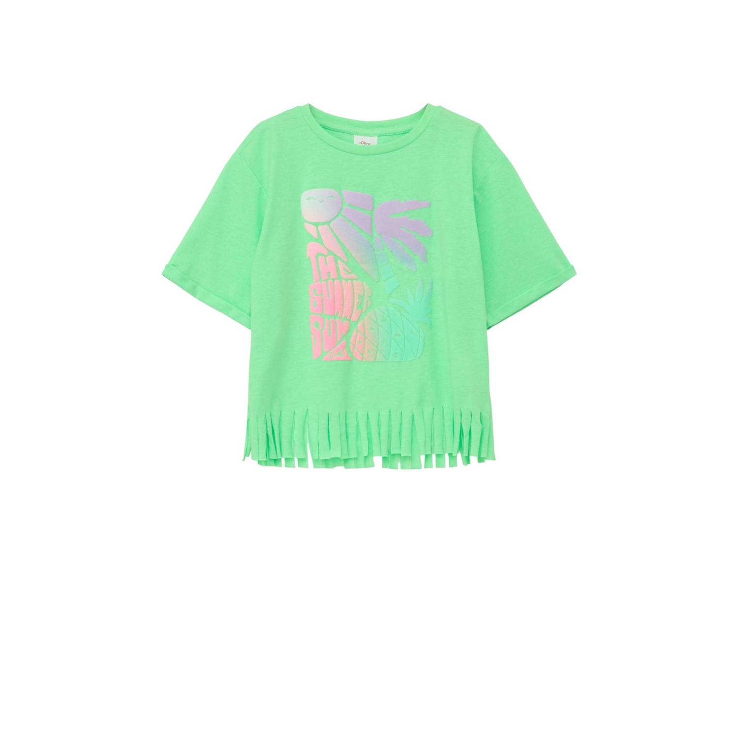 S.Oliver T-shirt met printopdruk en franjes neongroen Meisjes Polyester Ronde hals 128 134