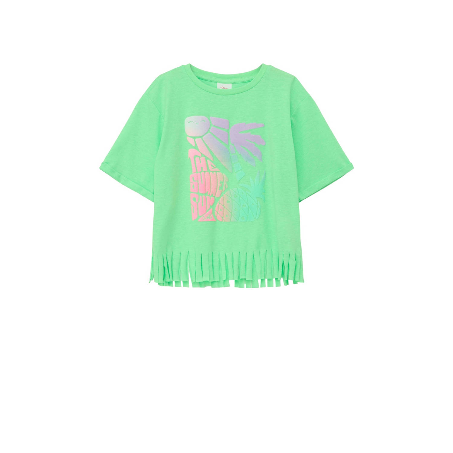 s.Oliver T-shirt met printopdruk en franjes neongroen