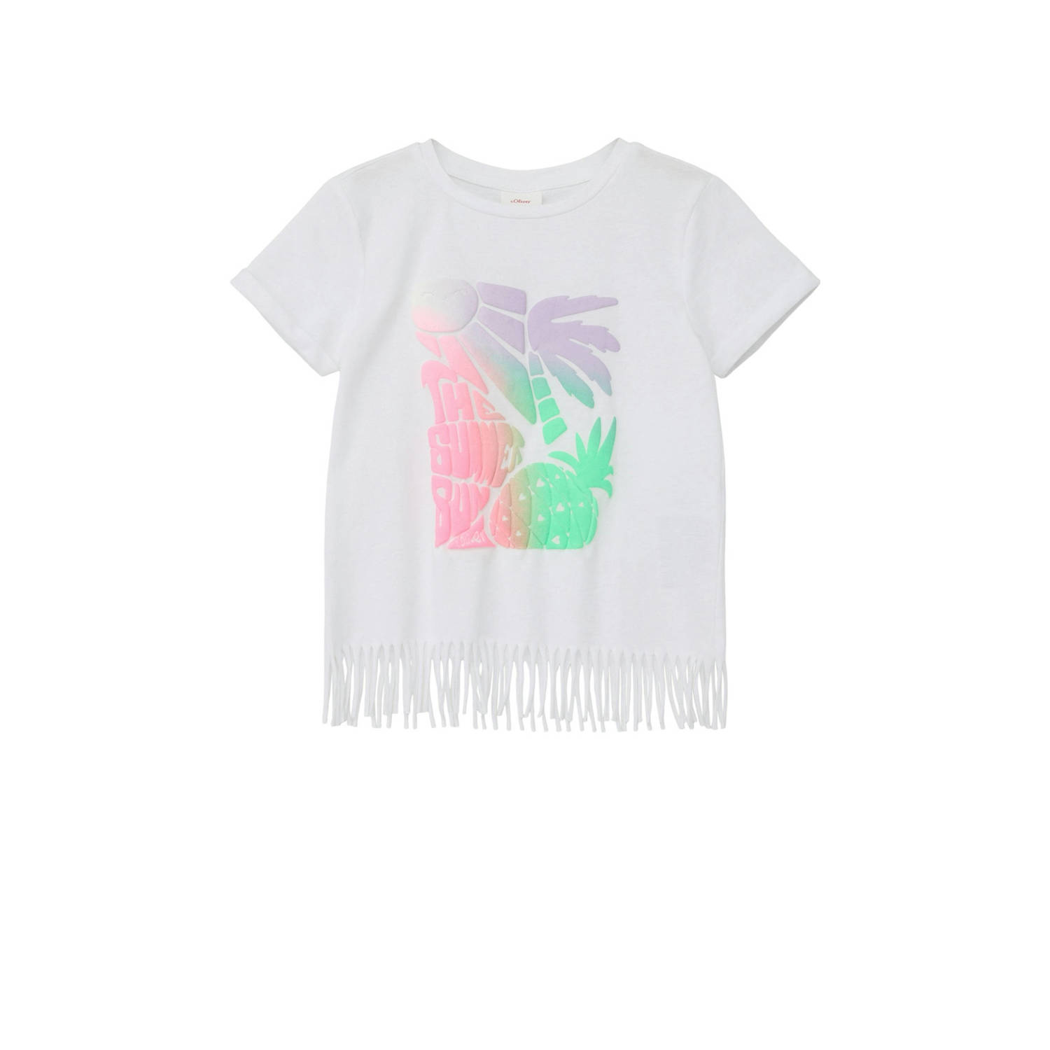 S.Oliver T-shirt met printopdruk en franjes wit Meisjes Polyester Ronde hals 128 134