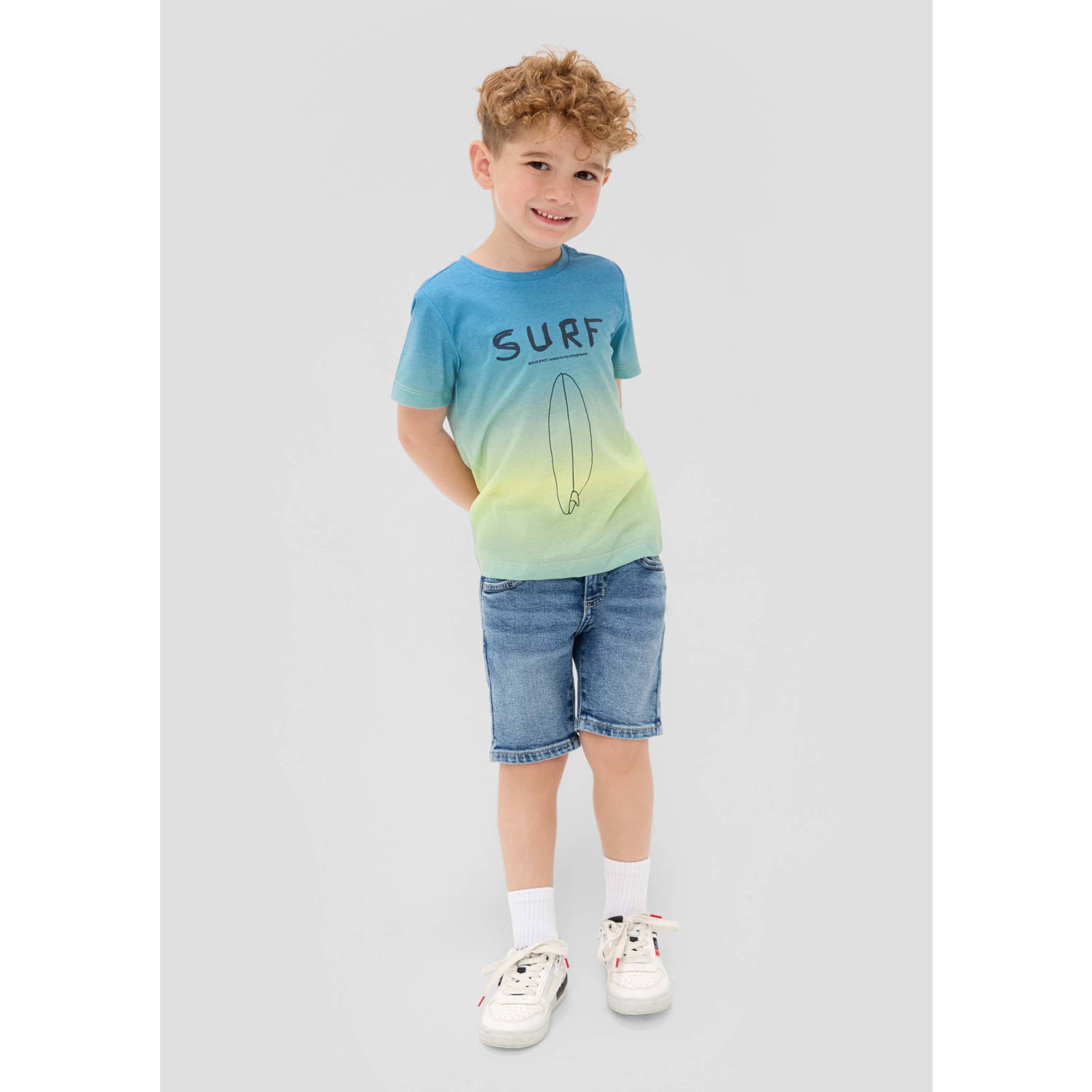 s.Oliver T-shirt met tekst blauw geel