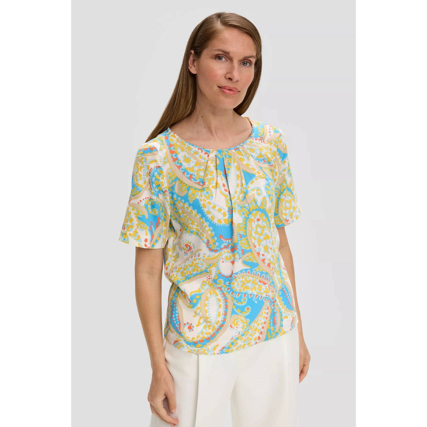 s.Oliver BLACK LABEL blousetop met all over print en plooien blauw limegroen koraalrood