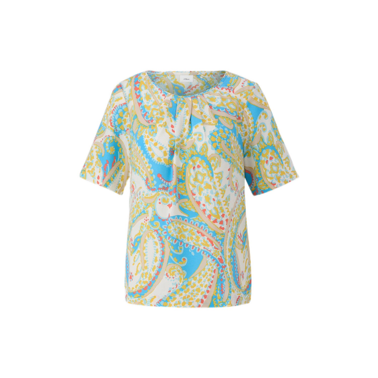 S.Oliver BLACK LABEL blousetop met all over print en plooien blauw limegroen koraalrood