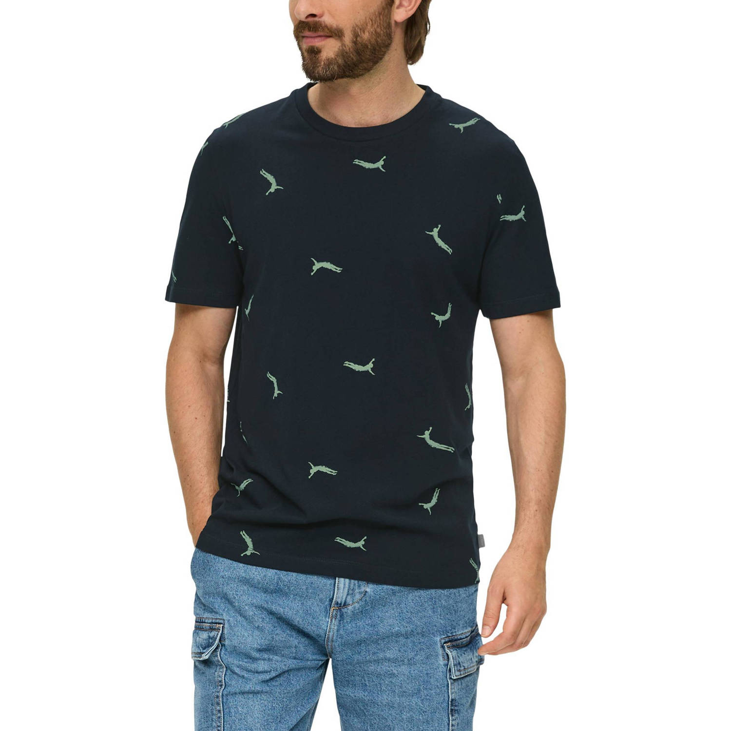 s.Oliver regular fit T-shirt met all over print donkerblauw