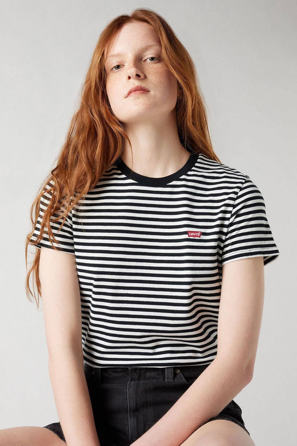 Zwart en witte dames Levi's gestreept T-shirt van katoen met logo dessin, korte mouwen en ronde hals