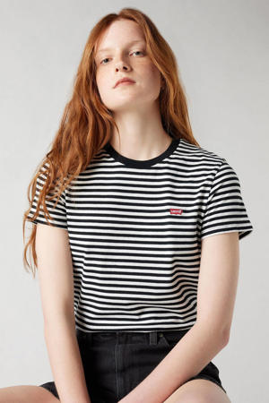 gestreept T-shirt met logo zwart/wit