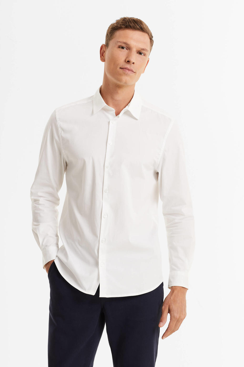 Witte heren Anytime slim fit poplin overhemd van stretchkatoen met effen, lange mouwen en klassieke kraag