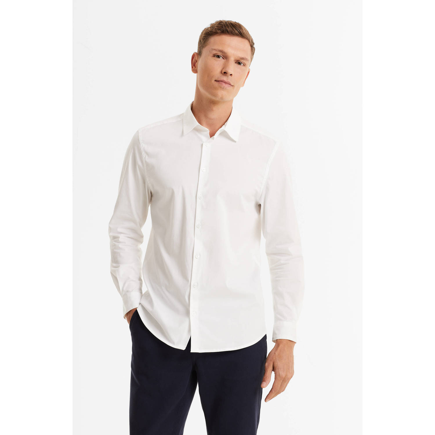 Anytime slim fit poplin overhemd wit