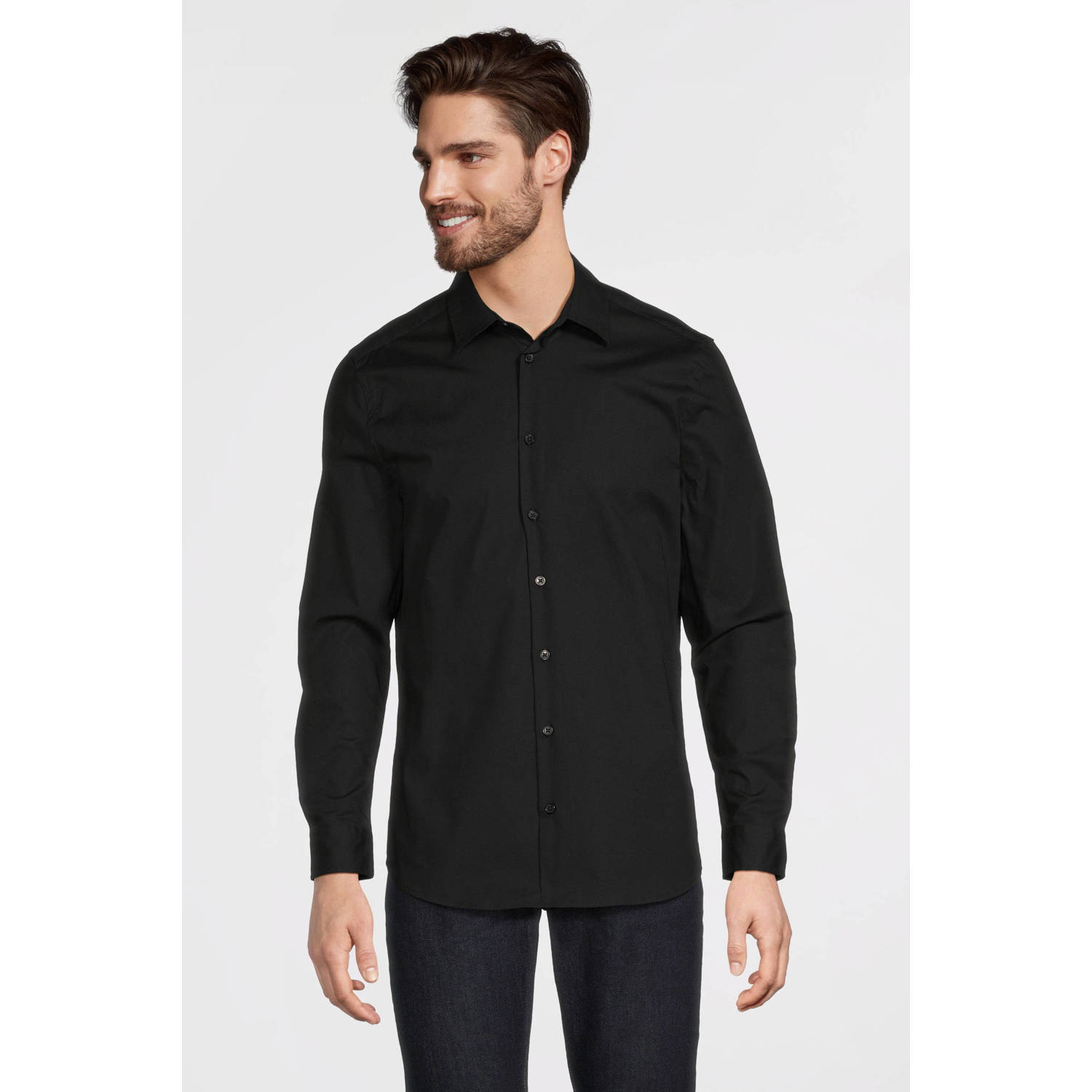Anytime slim fit poplin overhemd zwart