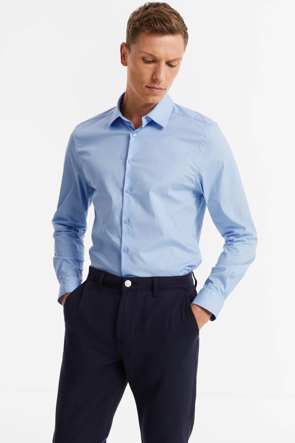 Lichtblauwe heren Anytime slim fit poplin overhemd van stretchkatoen met effen, lange mouwen en klassieke kraag