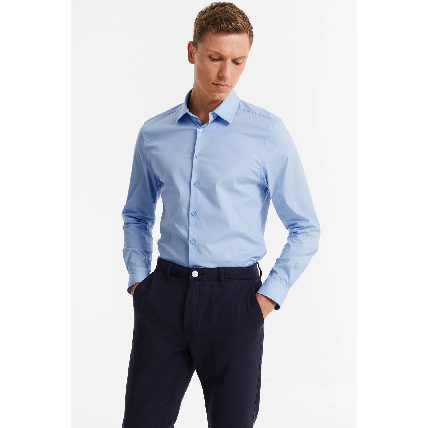 Anytime slim fit poplin overhemd lichtblauw