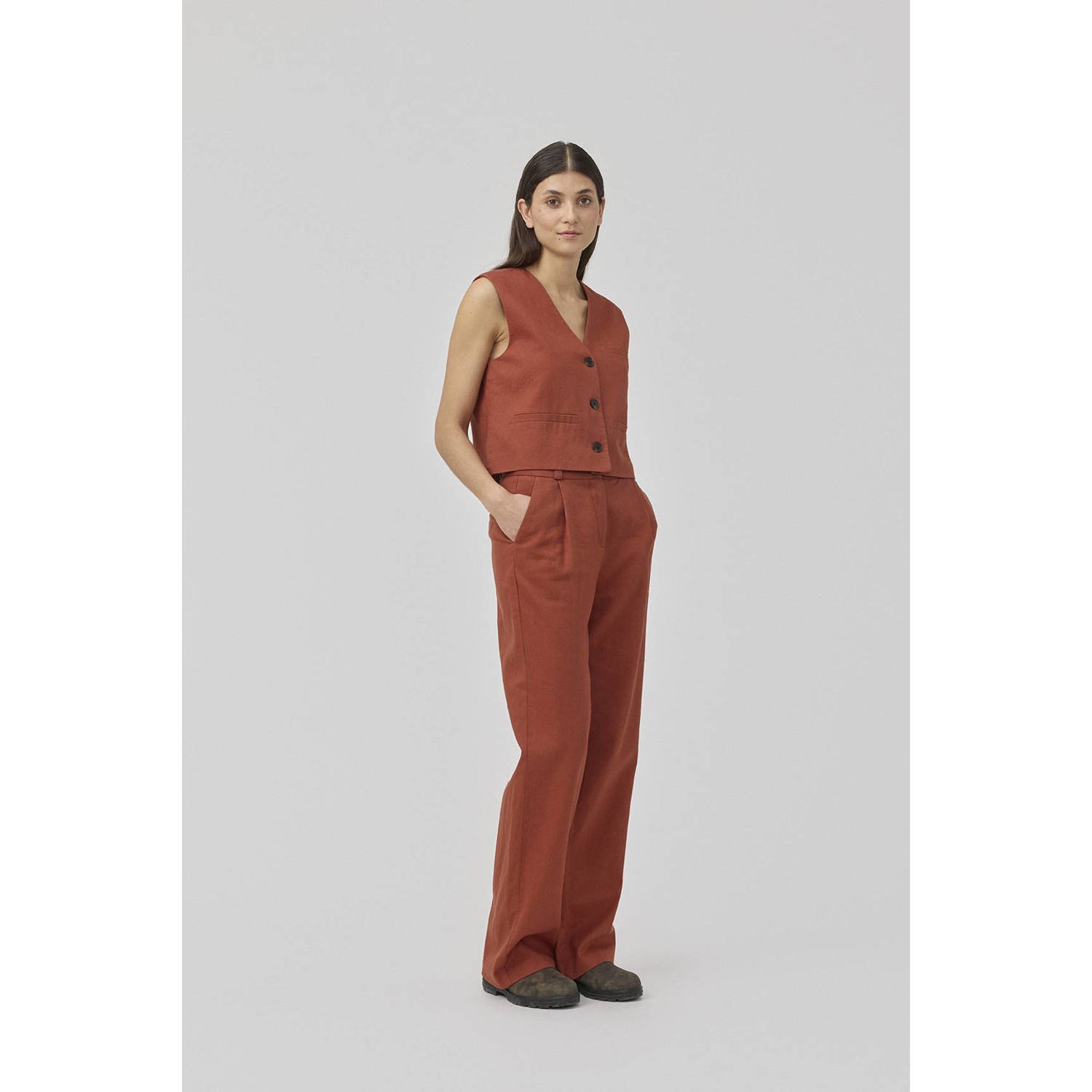 Modström linnen wide leg pantalon Park roodbruin