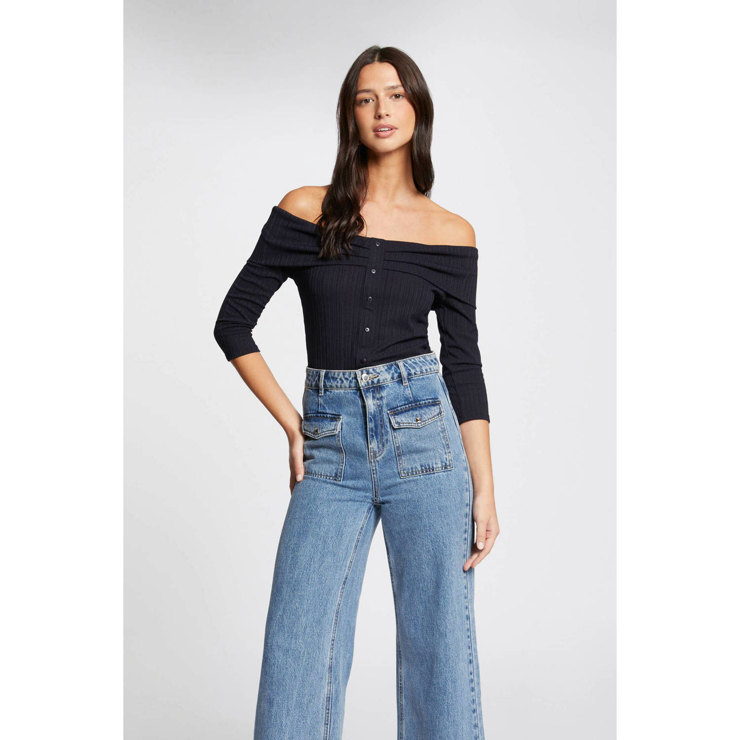 Morgan ribgebreide off shoulder top marine
