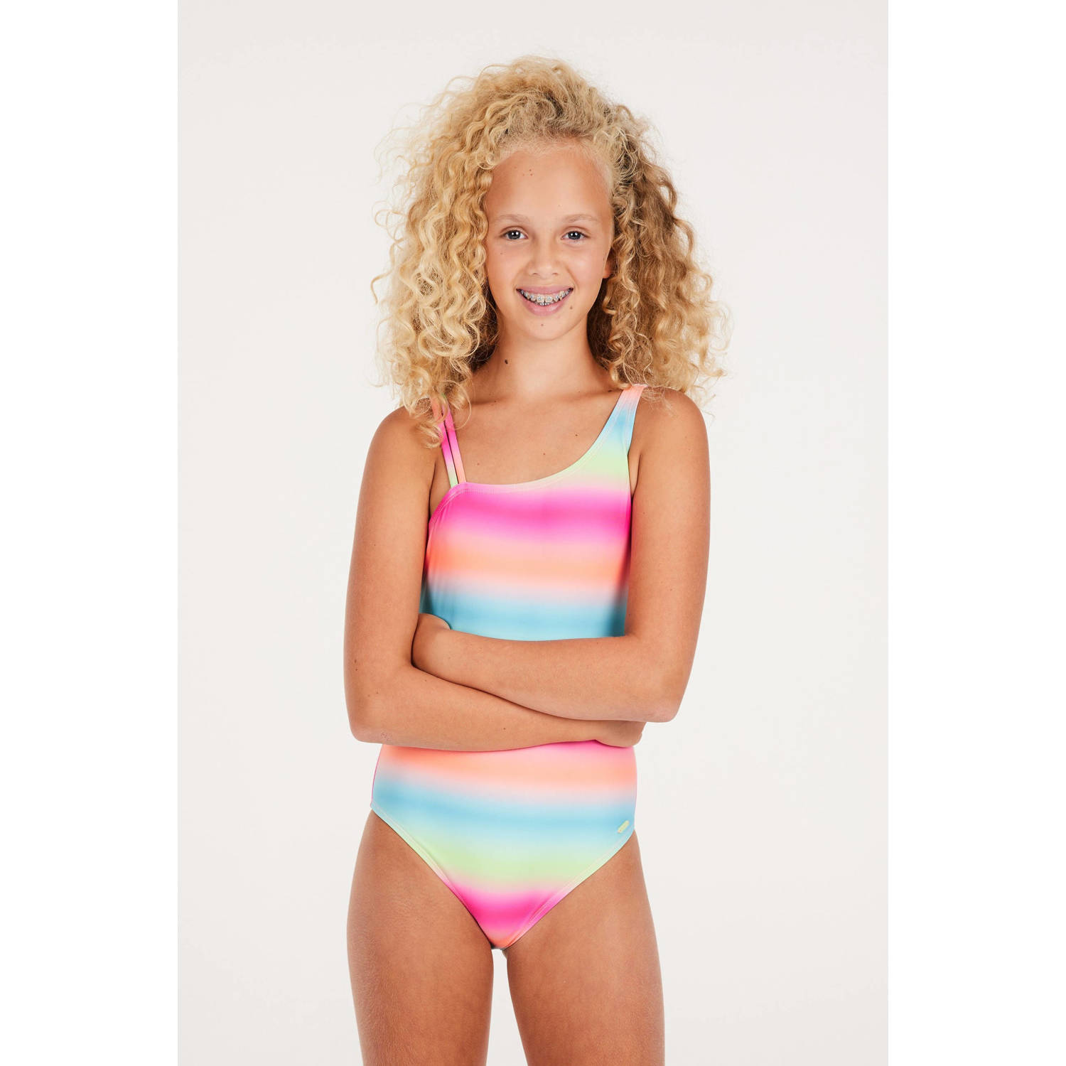 Protest badpak PRTRICA JR roze groen blauw Meisjes Polyamide Streep 140