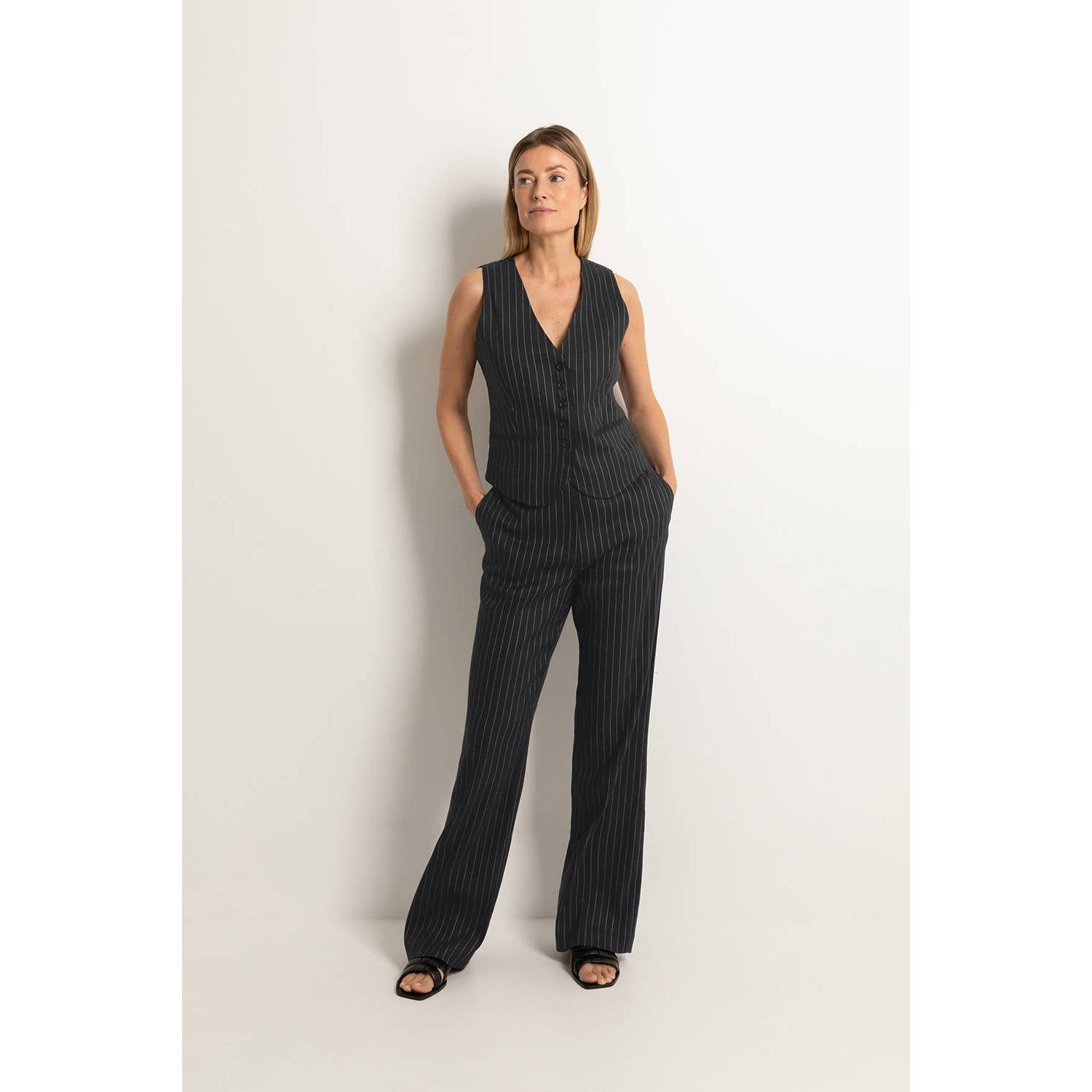 Claudia Sträter wide leg broek CS24-21538 met krijtstreep zwart