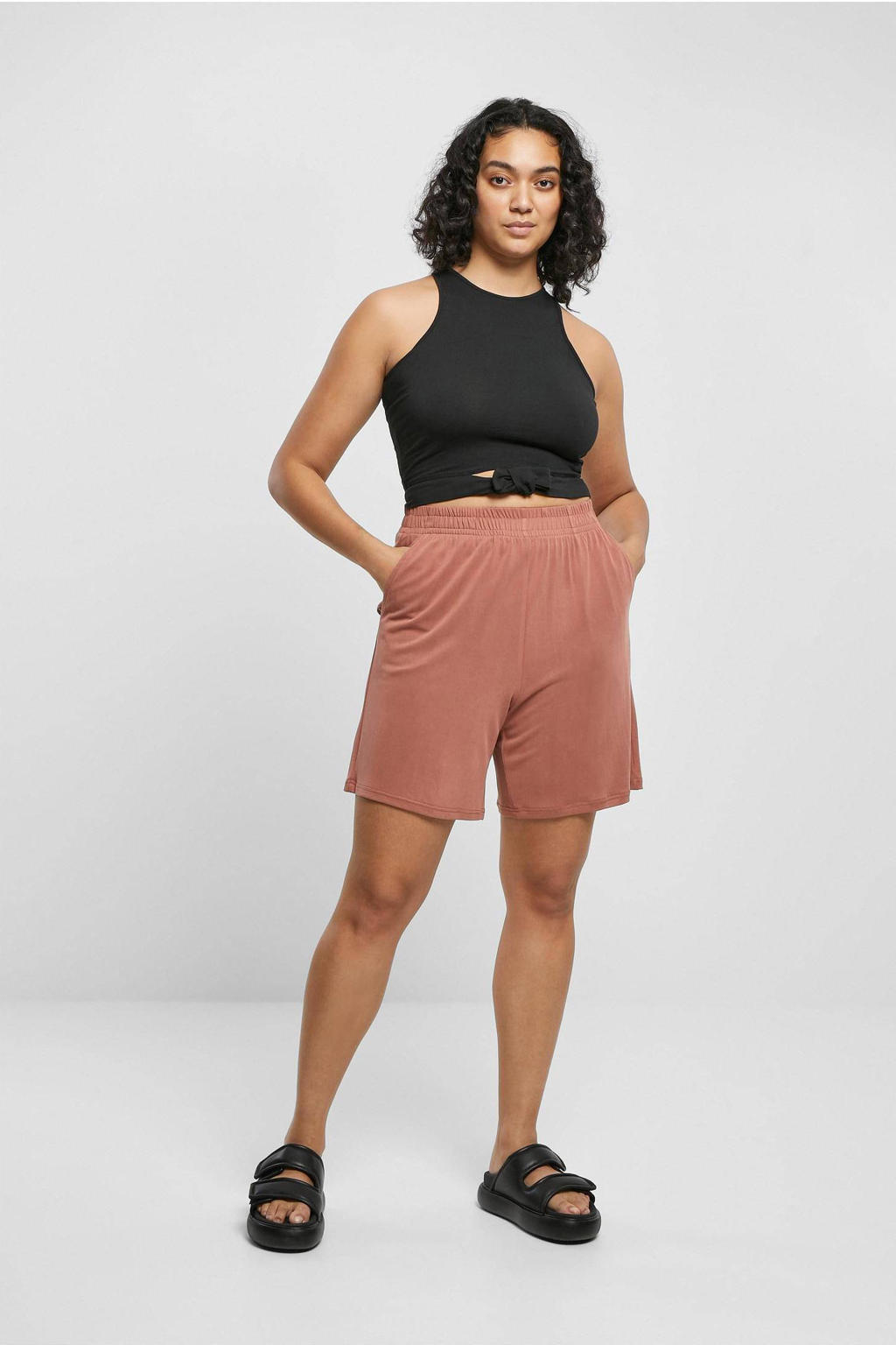 Terracottakleurige dames Urban Classics Curvy high waist regular fit short van modal met effen