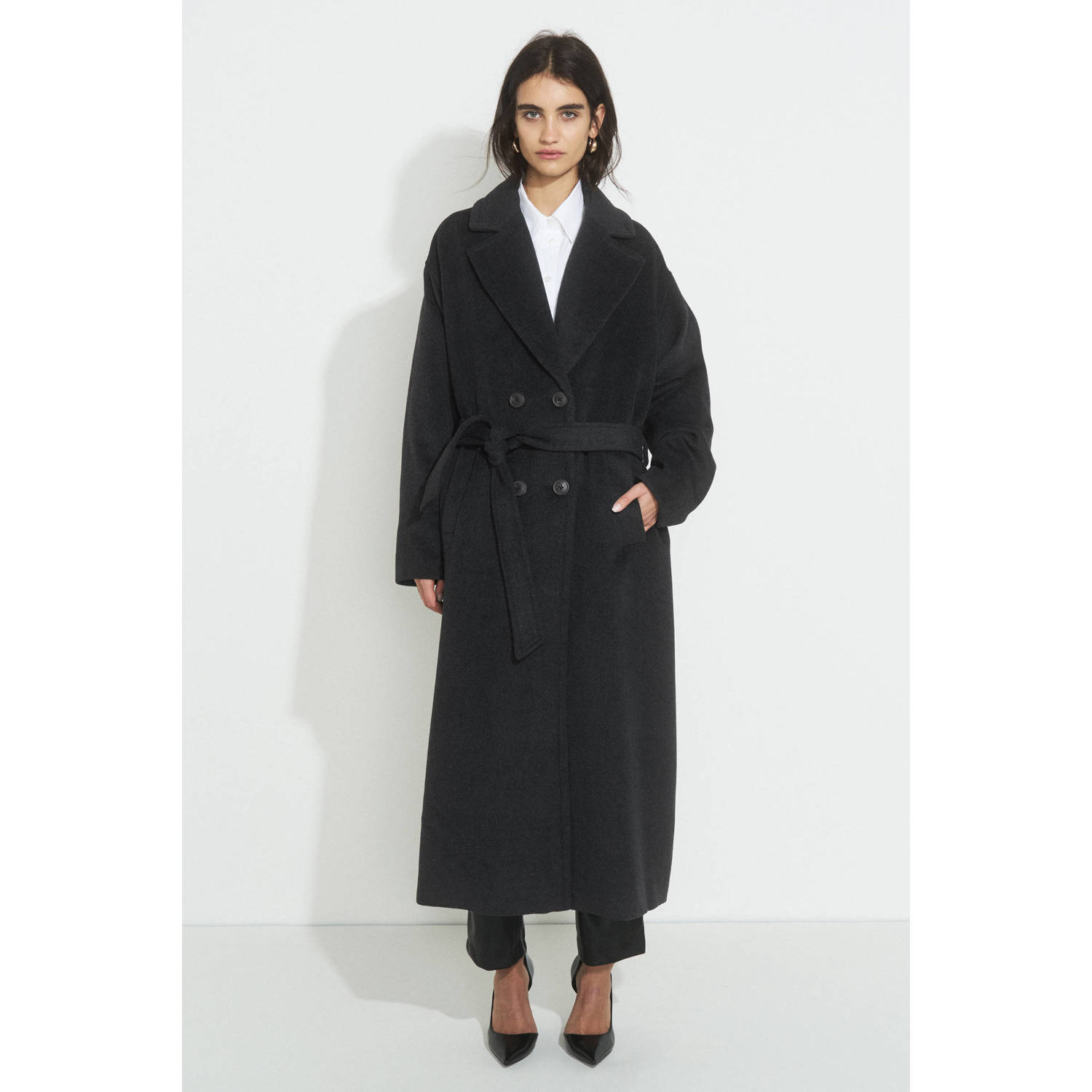 Ruby wollen oversized jas met ceintuur donkergrijs