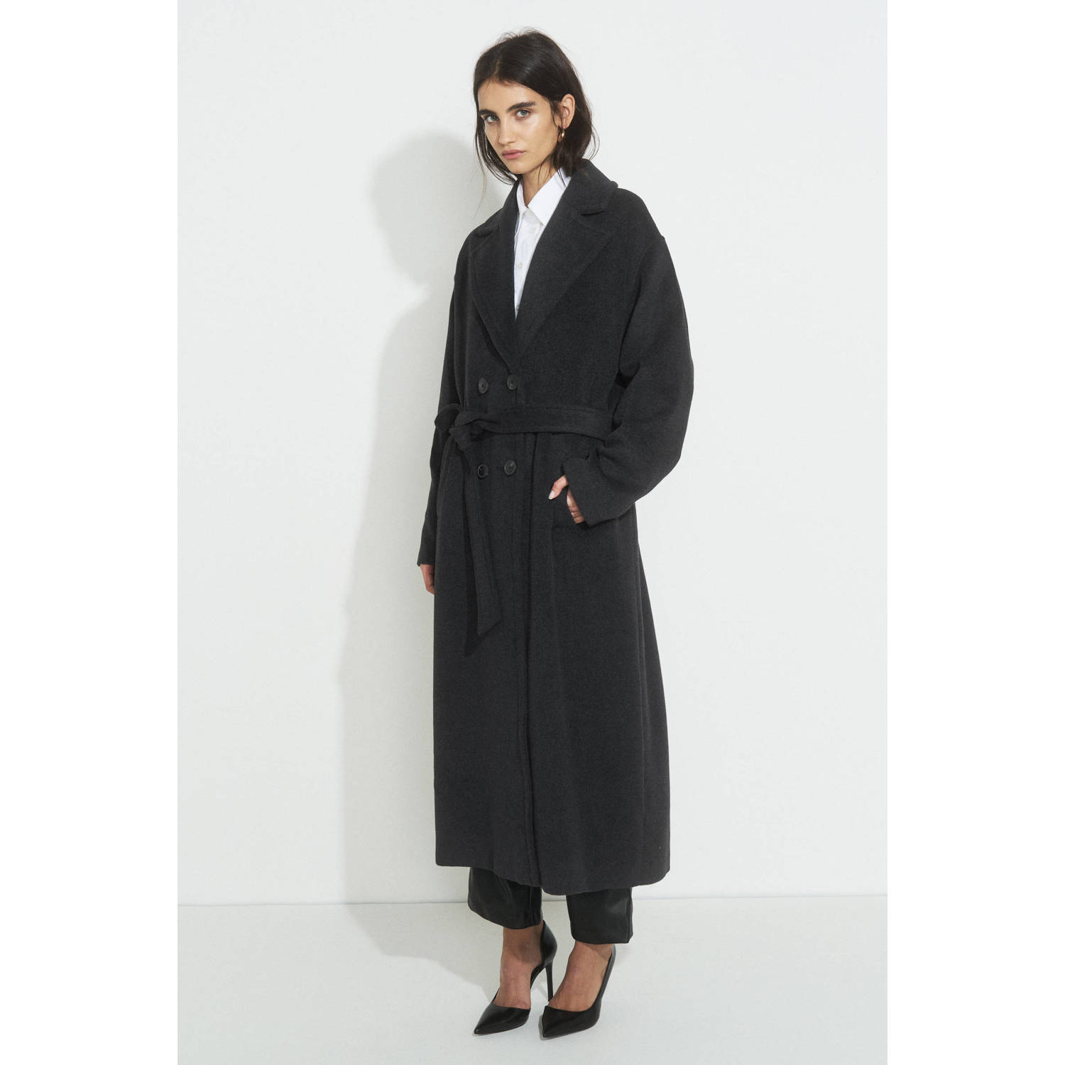 Ruby wollen oversized jas met ceintuur donkergrijs