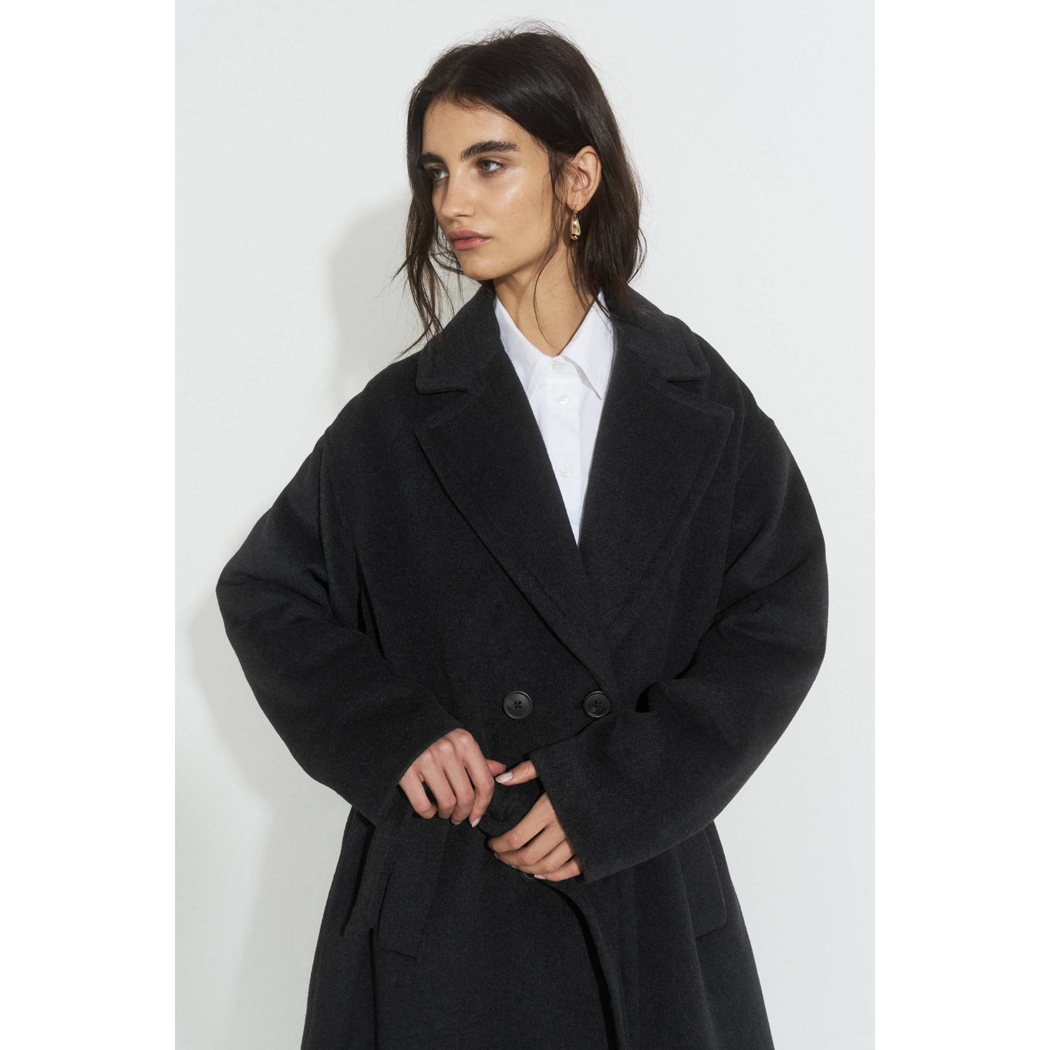 Ruby wollen oversized jas met ceintuur donkergrijs