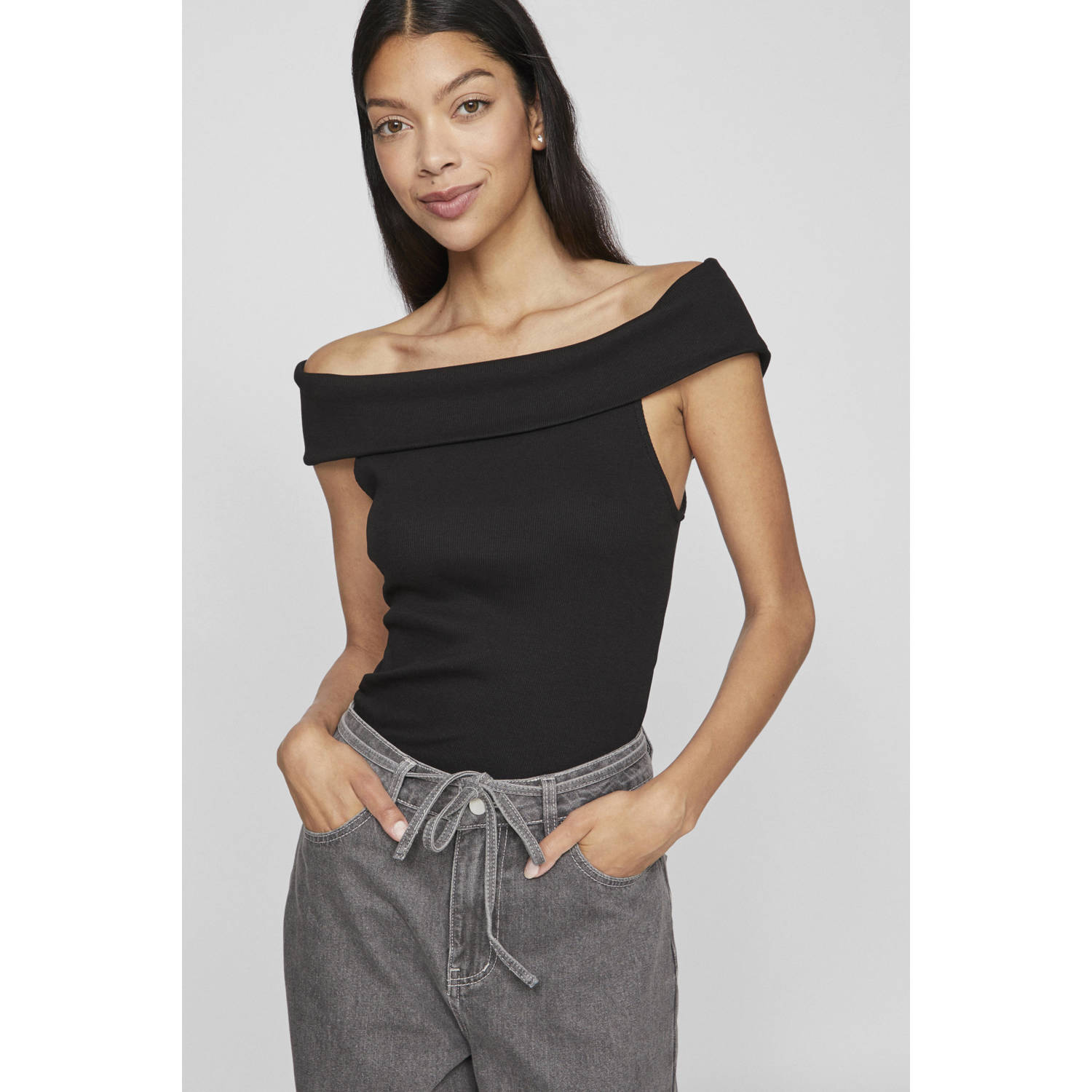 VILA off shoulder top VISAHIA zwart