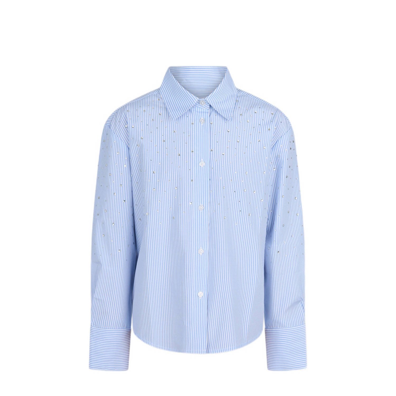 Shoeby gestreepte blouse lichtblauw wit Meisjes Polyester Klassieke kraag 134 140