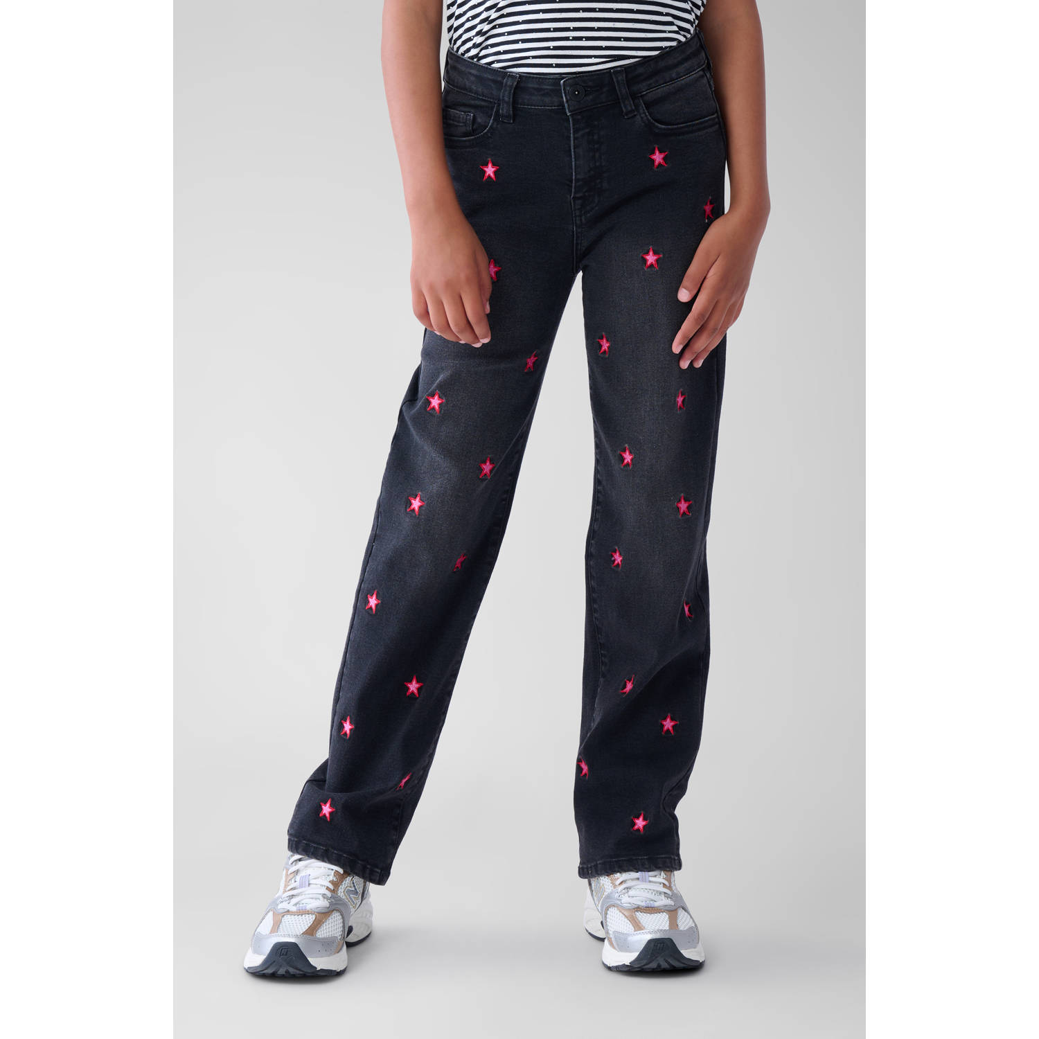 Shoeby high waist straight fit jeans grey denim roze Grijs Effen 104