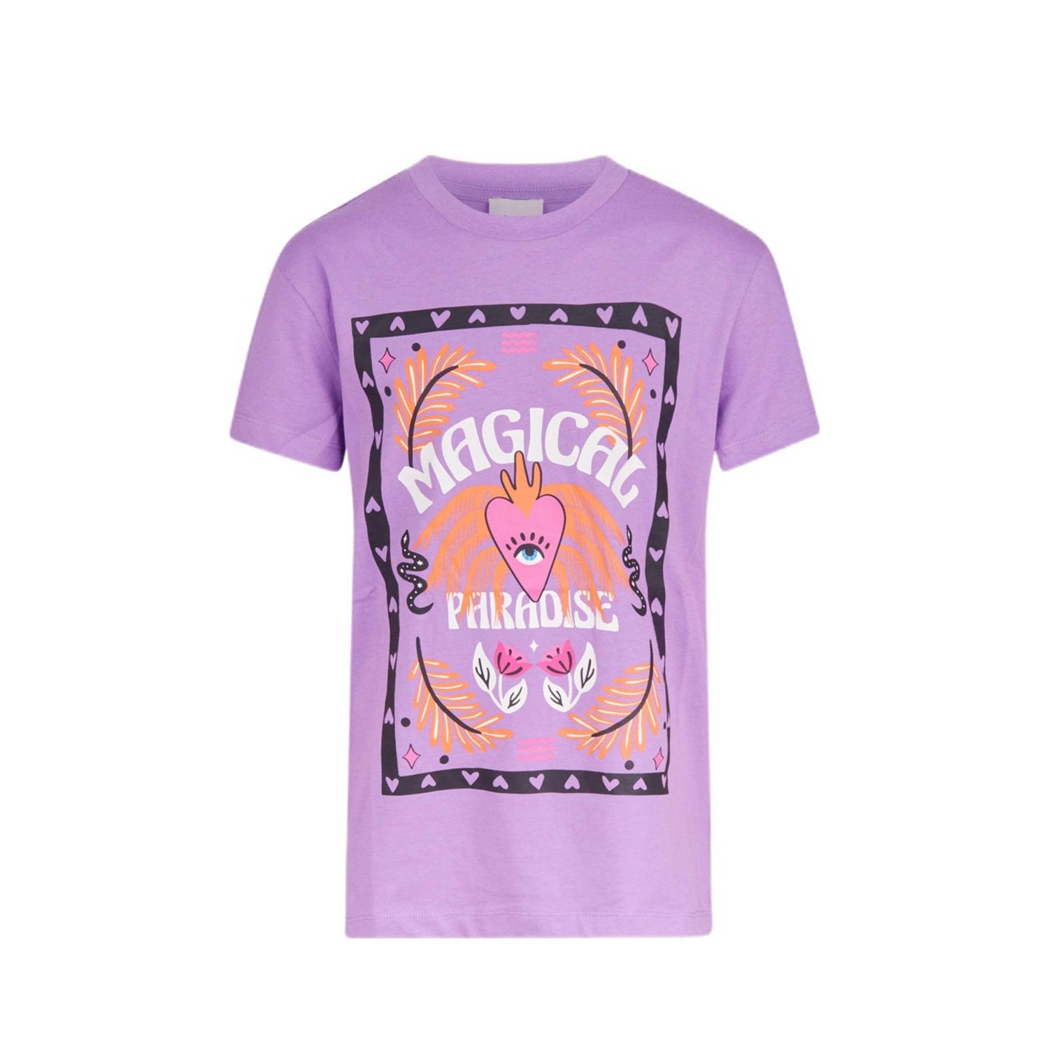 Shoeby T-shirt met printopdruk lila Paars Meisjes Katoen Ronde hals Printopdruk 110 116
