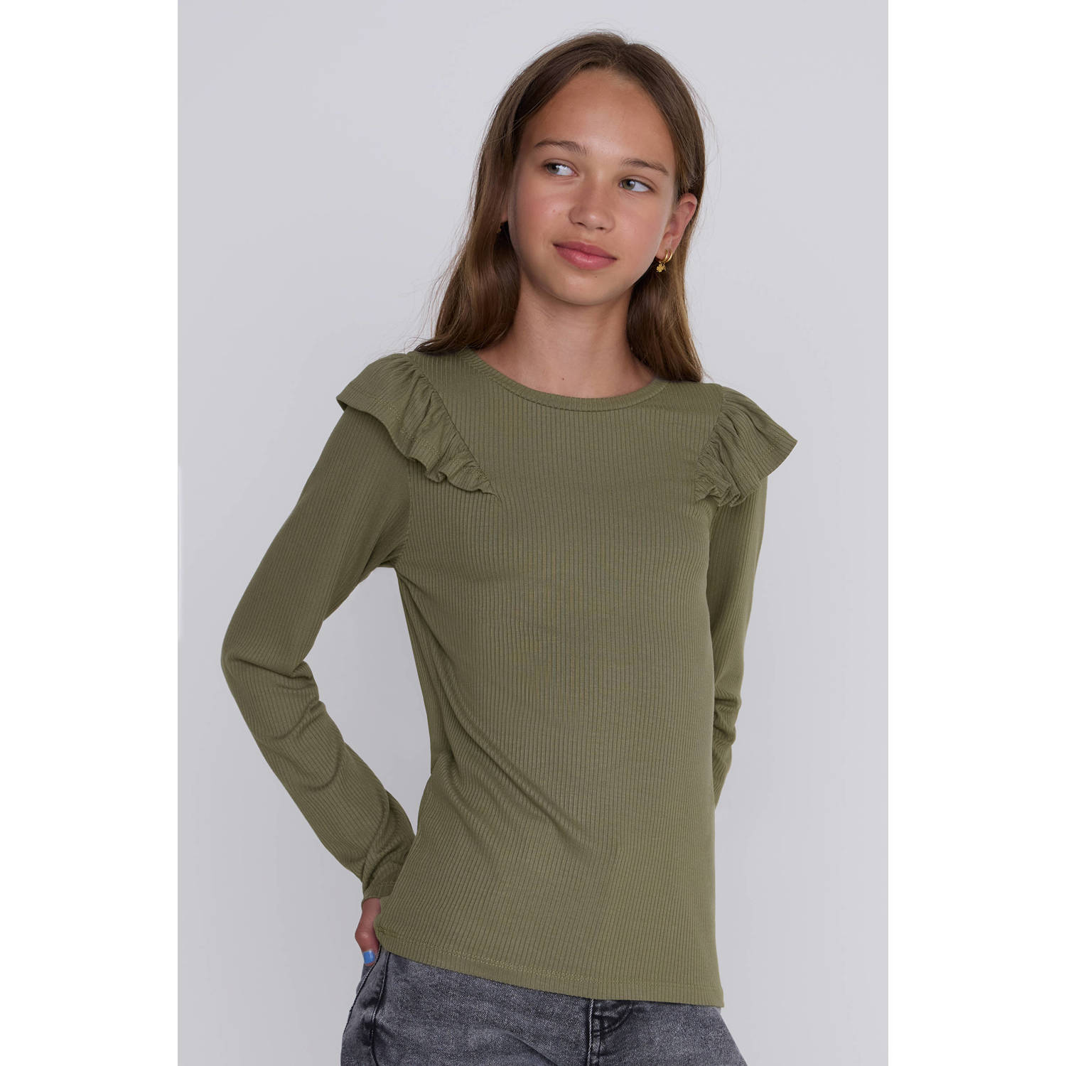 Coolcat Longsleeve Ruffels Rib Top Tegan Khaki