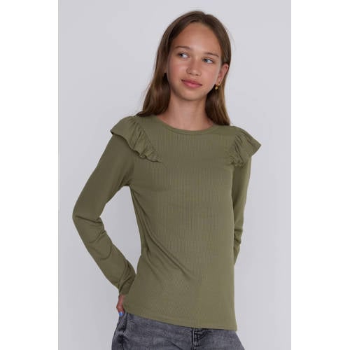 Coolcat Longsleeve Ruffels Rib Top Tegan Khaki afbeelding