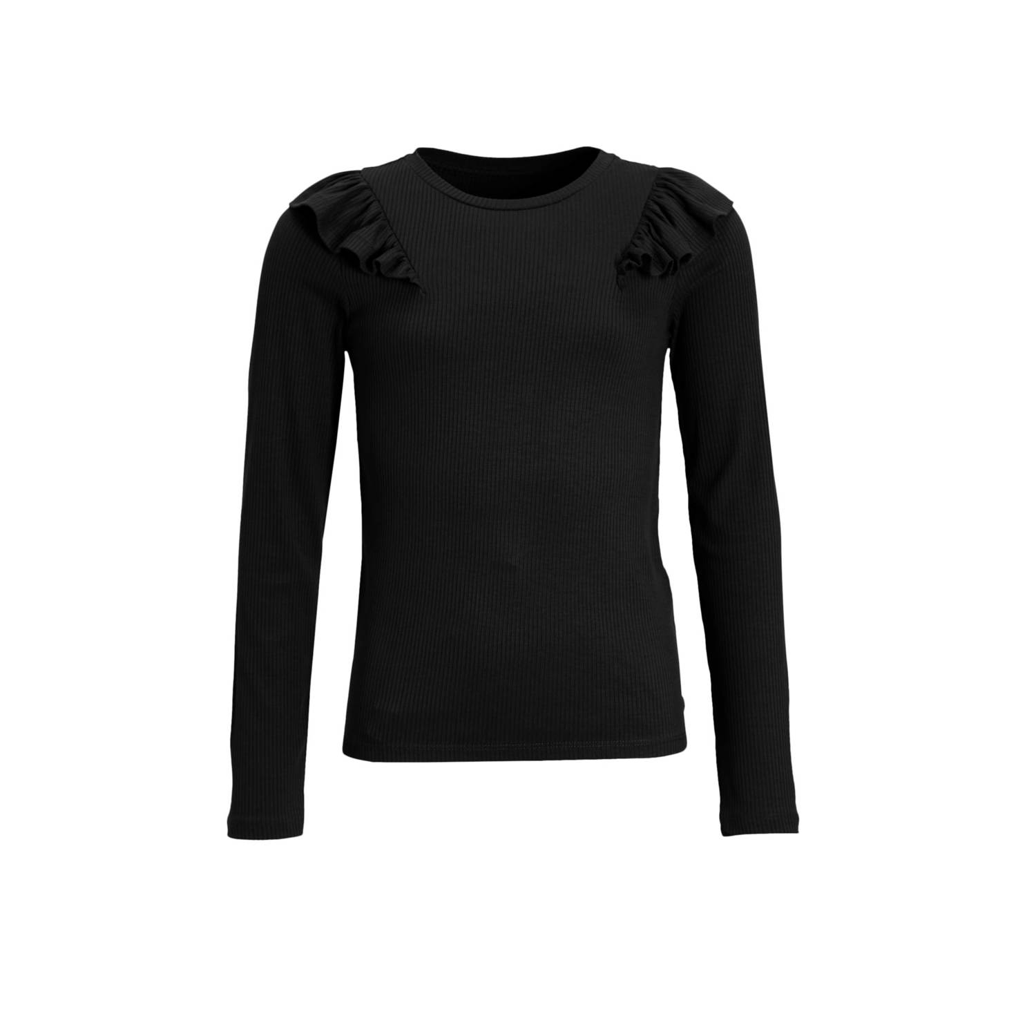 Coolcat Longsleeve Ruffels Rib Top Tegan Zwart