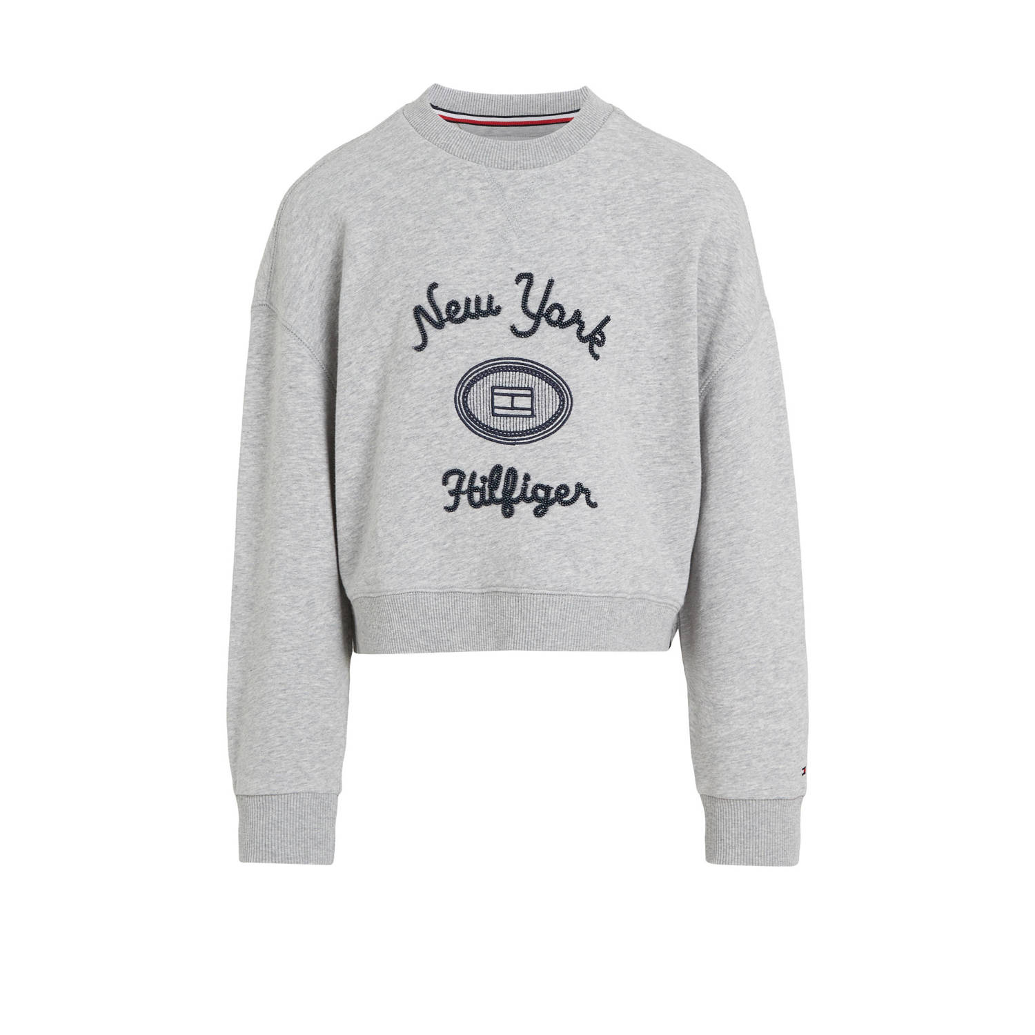 Tommy Hilfiger sweater met printopdruk grijs melange Meisjes Katoen Ronde hals 152