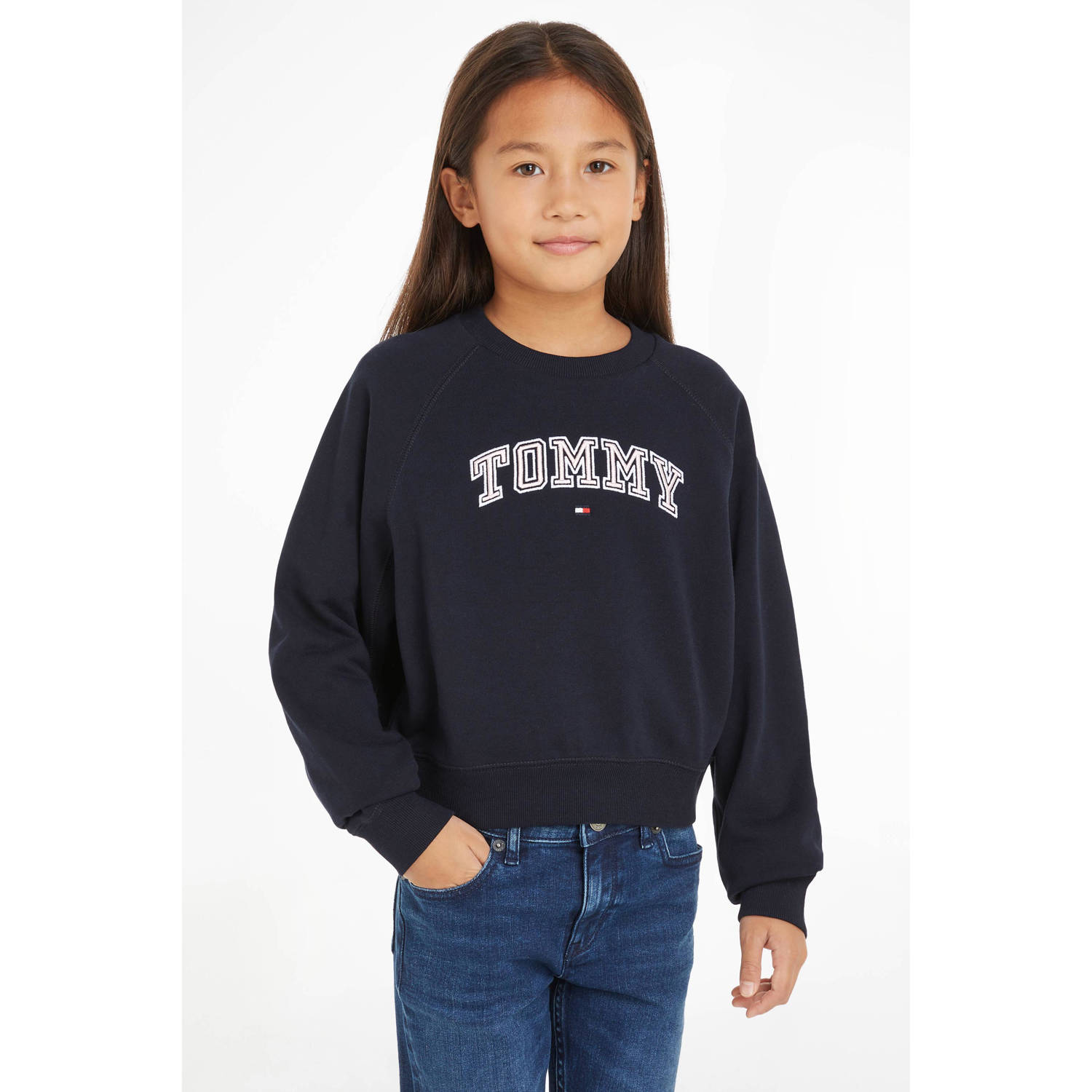 Tommy Hilfiger sweater met logo donkerblauw beige