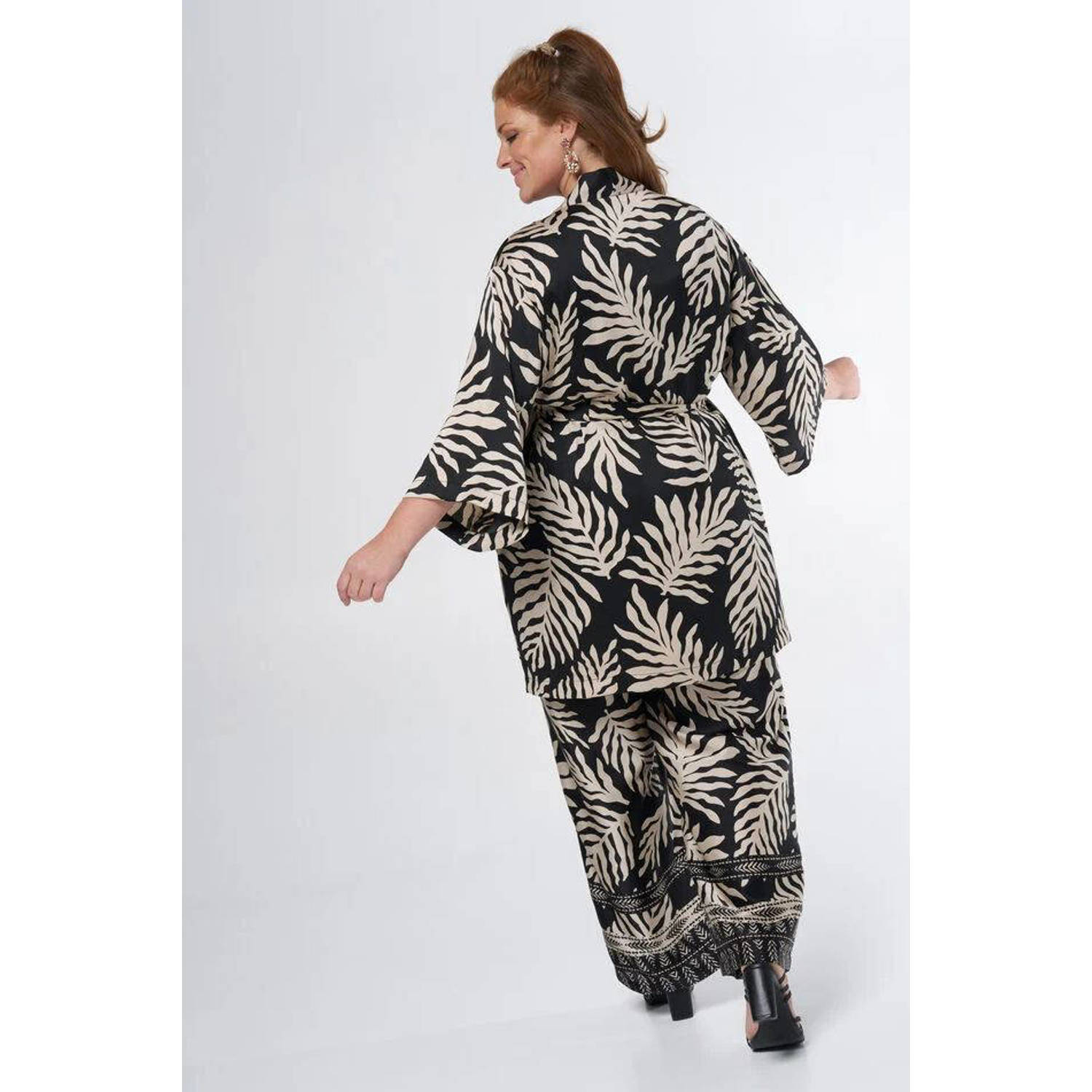 MS Mode kimono met bladprint en ceintuur zwart ecru