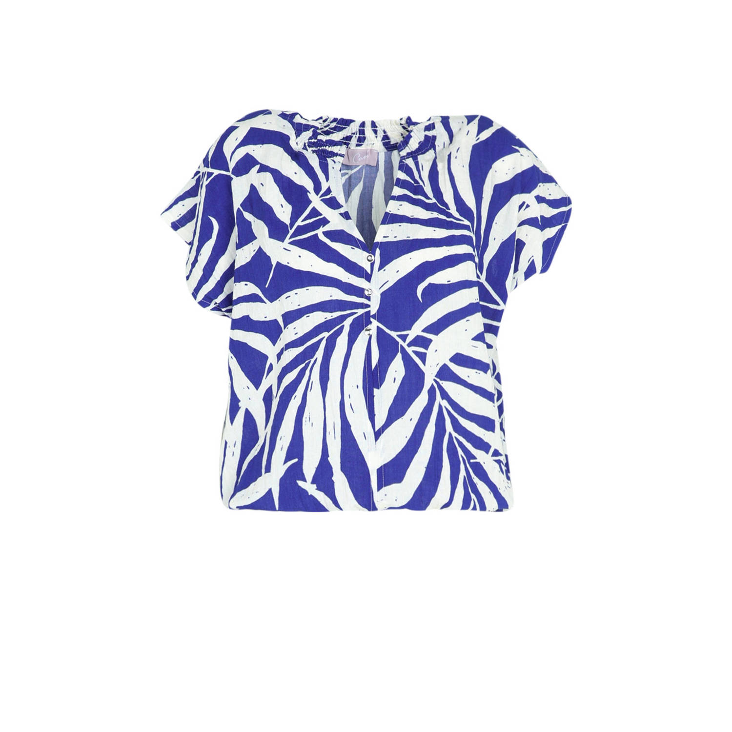 Cassis blousetop met bladprint blauw ecru