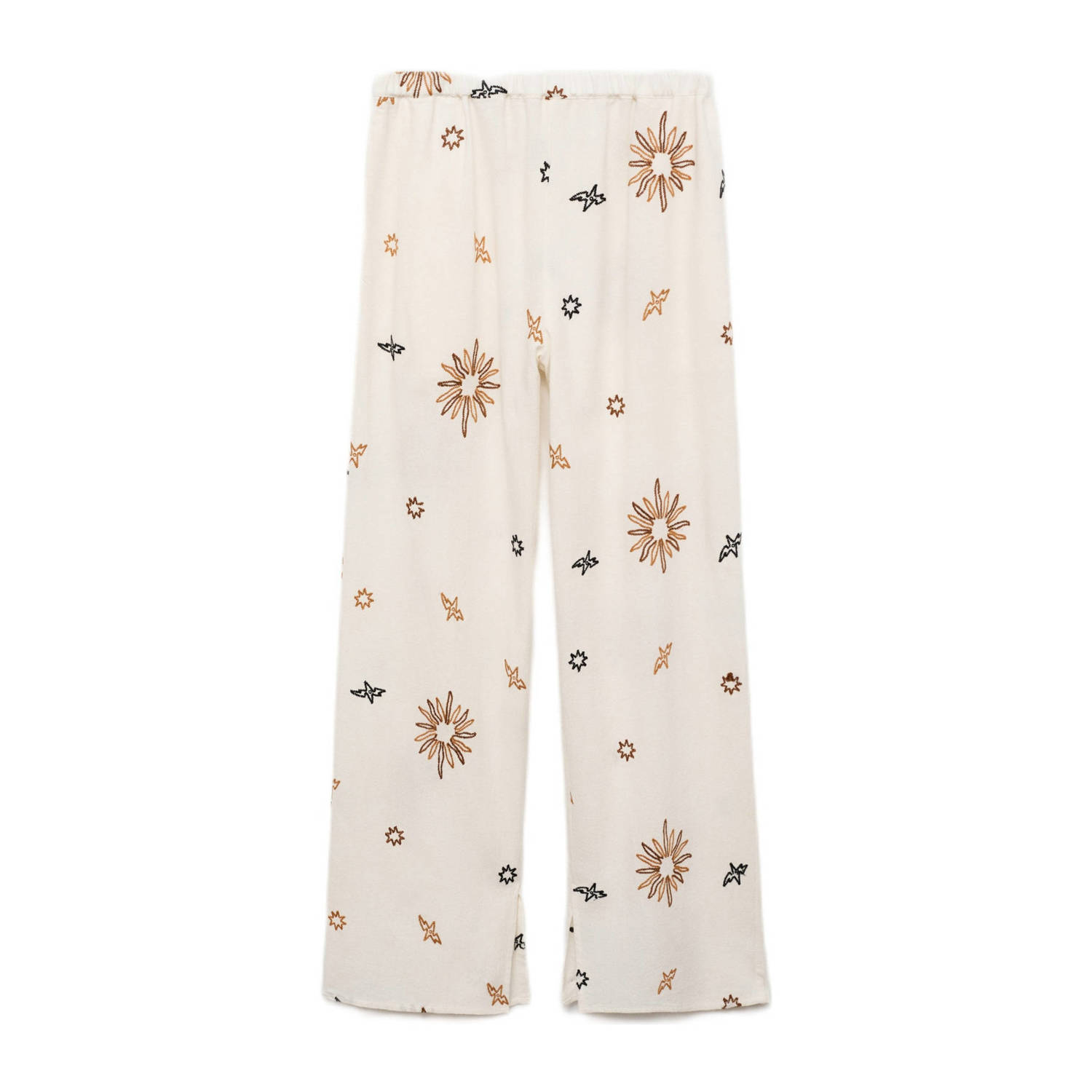 Mango Kids broek met all over print en borduursels ecru geel bruin Meisjes Katoen 158(XS)