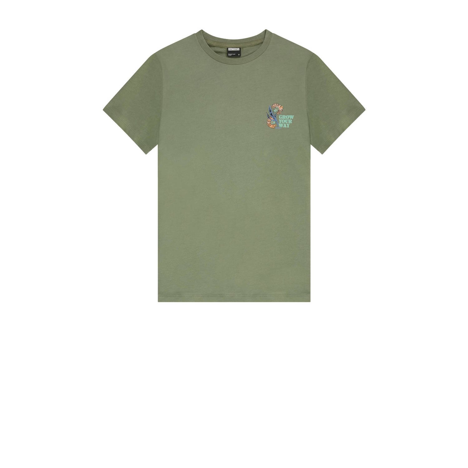 Kultivate slim fit T-shirt WAY met backprint dusty olive