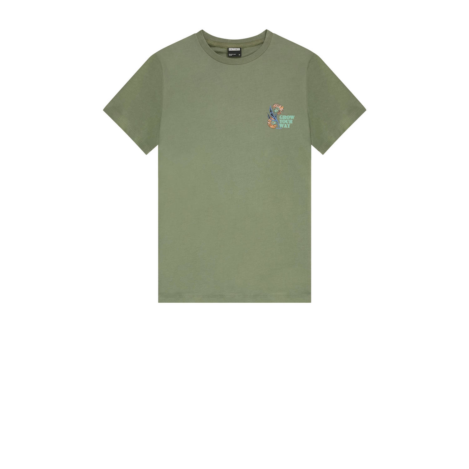 Kultivate super slim fit T-shirt WAY met backprint dusty olive