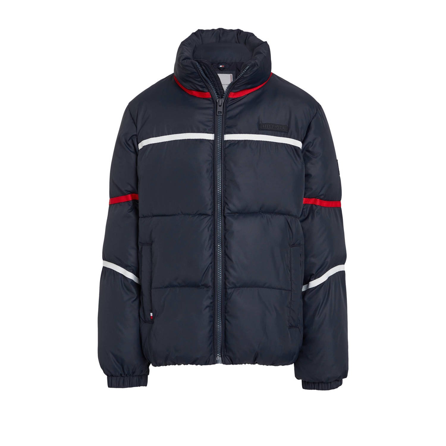 Tommy Hilfiger gewatteerde jas donkerblauw wit rood Jongens Polyester Opstaande kraag 116