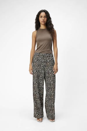 wide leg broek OBJALBA met panterprint bruin/ lichtbruin/ zwart