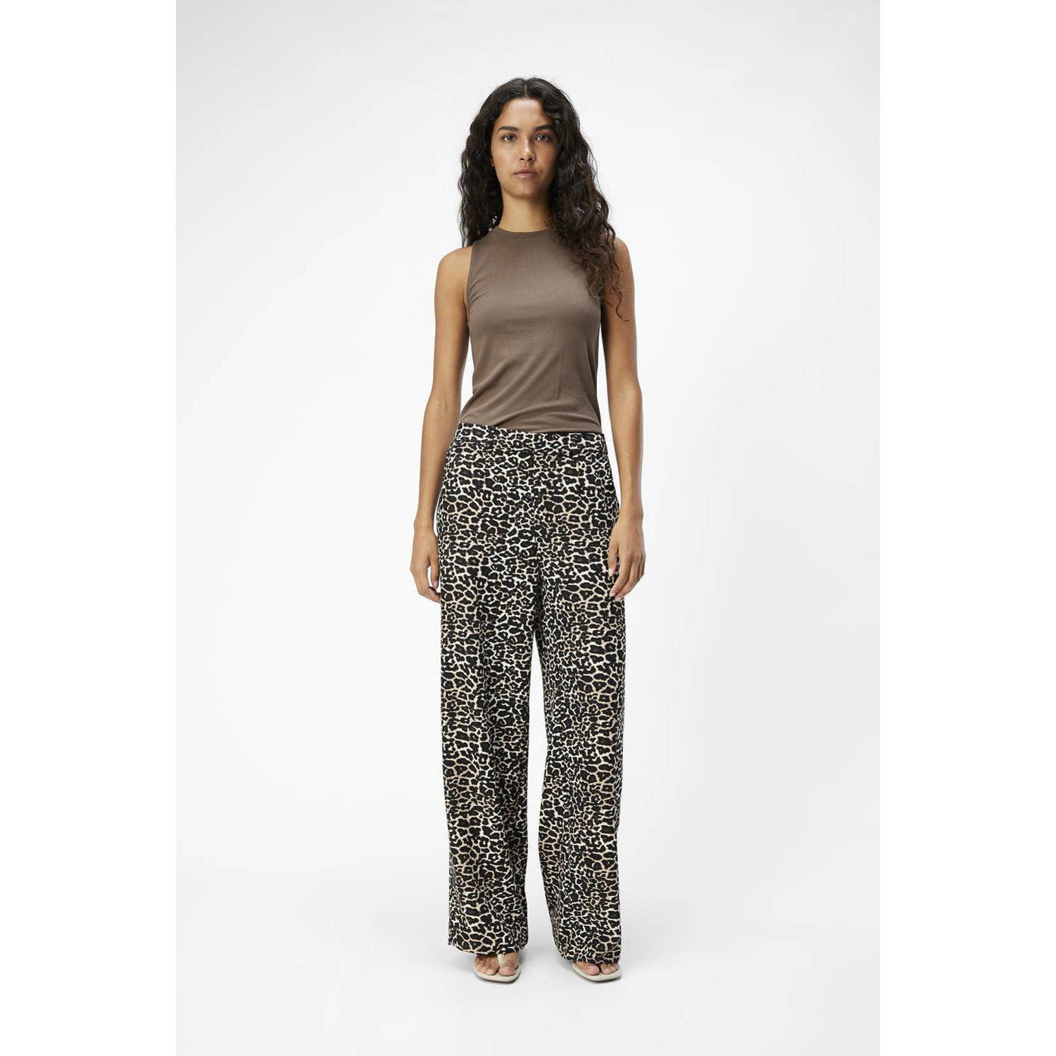 OBJECT wide leg broek OBJALBA met panterprint bruin lichtbruin zwart