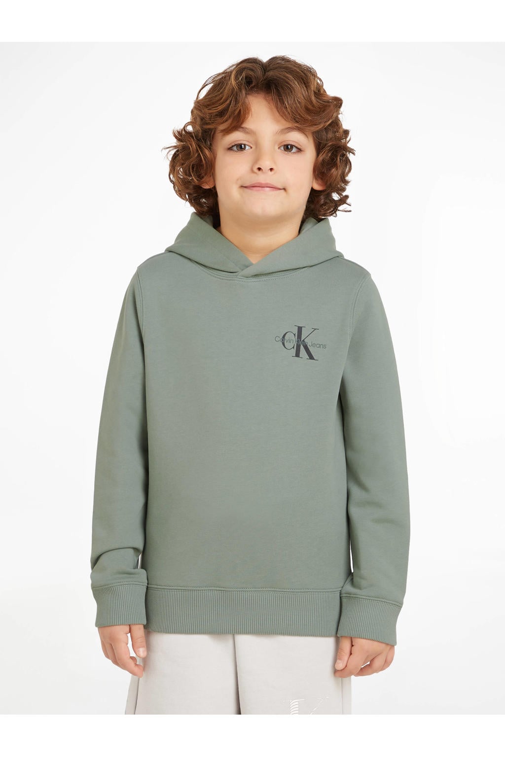 Groene jongens Calvin Klein hoodie van katoen met logo dessin, lange mouwen, capuchon en elastische inzet