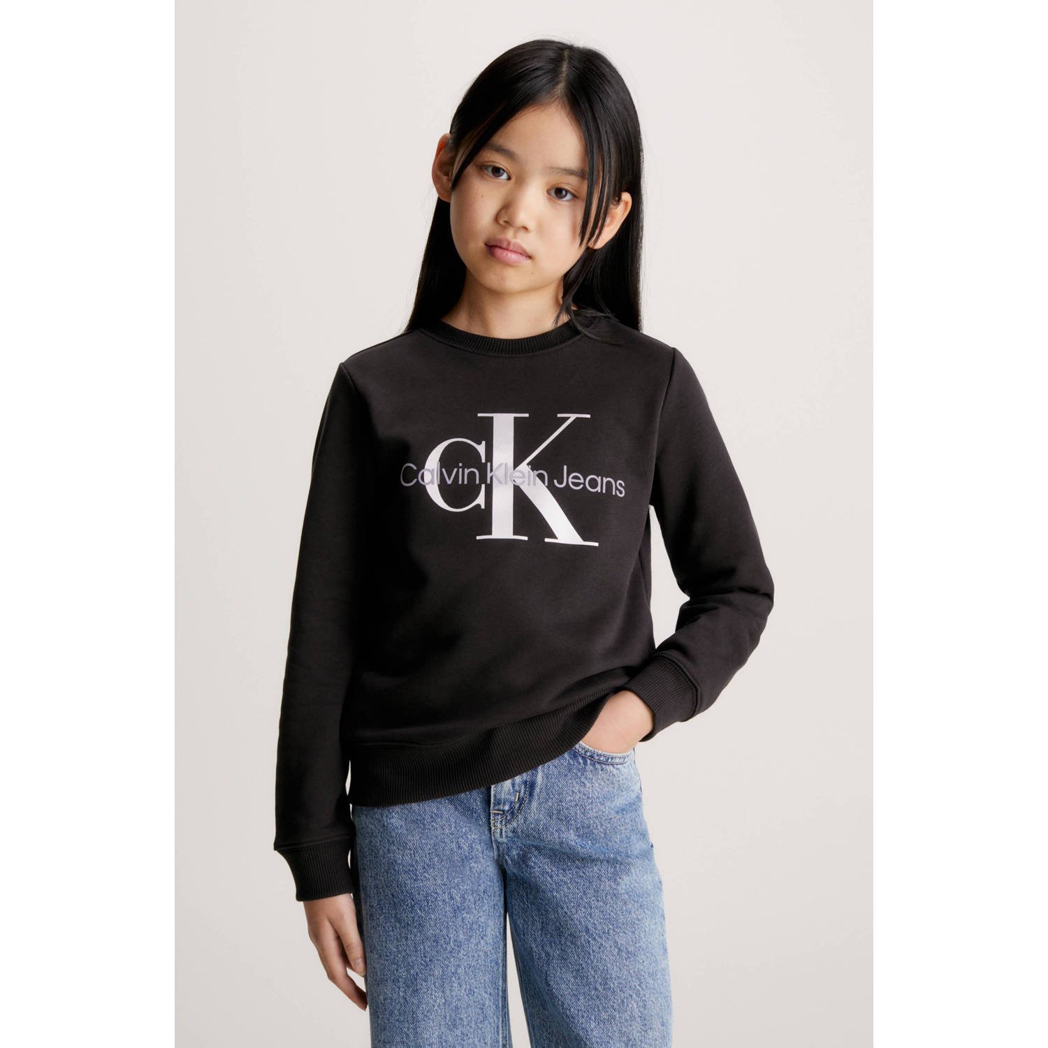 Calvin Klein sweater Terry met logo zwart Polyester Ronde hals 164