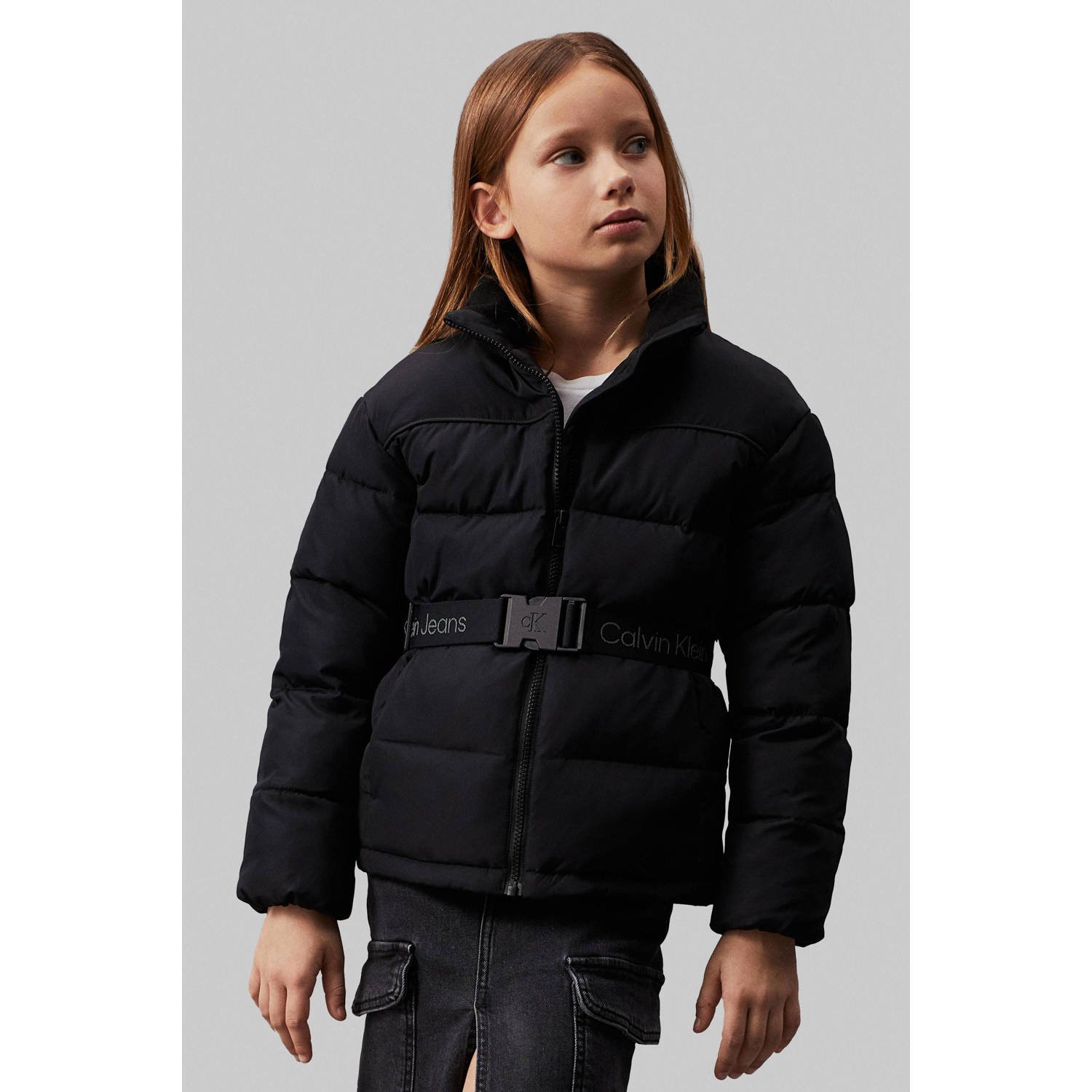 Calvin Klein gewatteerde jas zwart Meisjes Polyester Opstaande kraag Effen 128