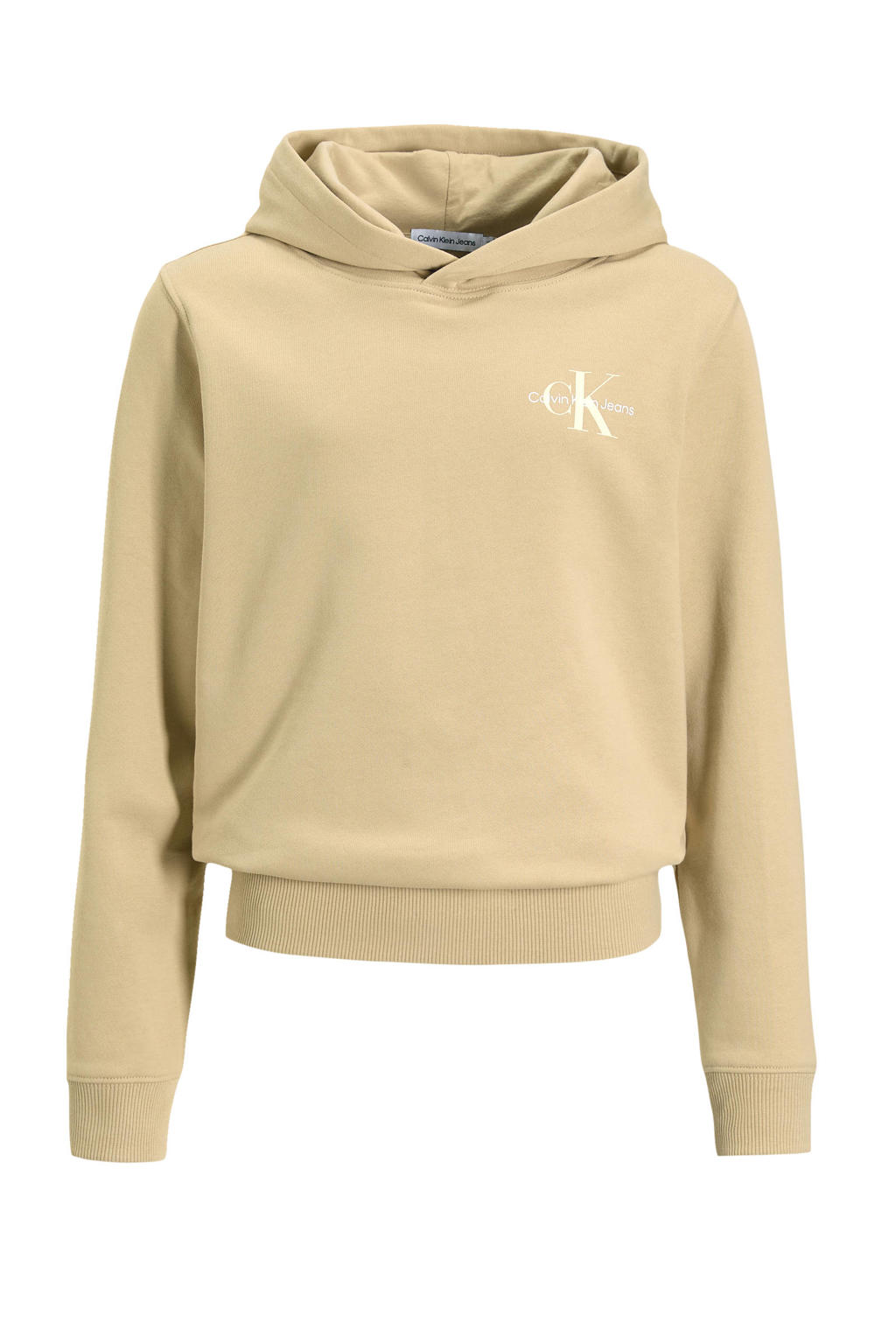 Beige jongens Calvin Klein hoodie van katoen met logo dessin, lange mouwen, capuchon en elastische inzet