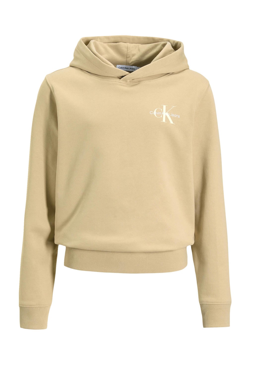 Beige jongens Calvin Klein hoodie van katoen met logo dessin, lange mouwen, capuchon en elastische inzet