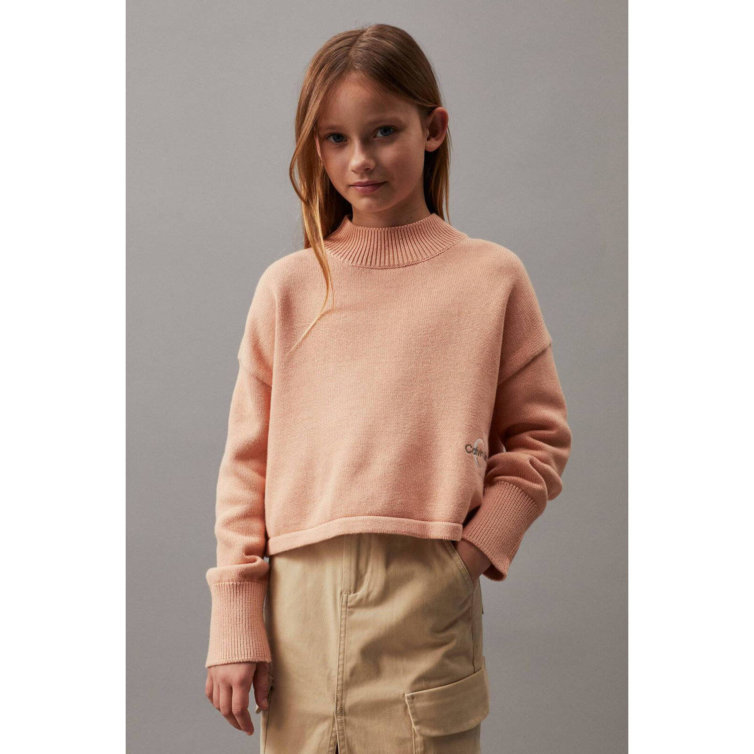 Calvin Klein trui perzik Roze Meisjes Katoen Opstaande kraag Effen 164