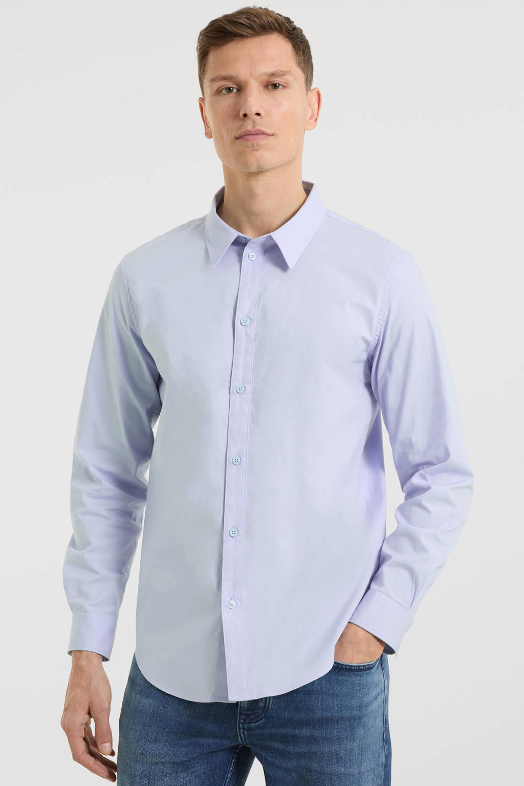Lichtblauwe heren Anytime regular fit poplin overhemd van stretchkatoen met effen, lange mouwen en klassieke kraag
