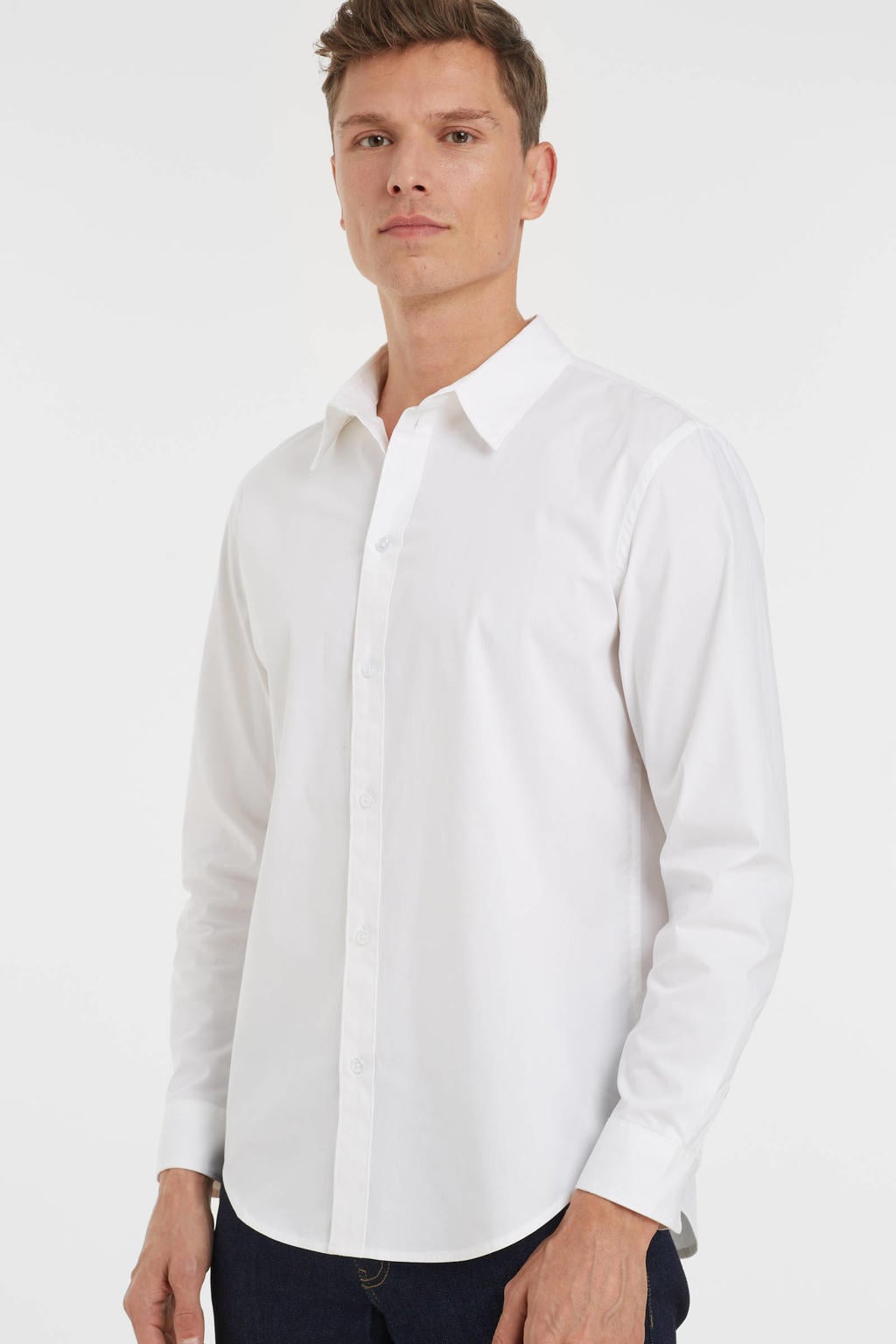Witte heren Anytime regular fit poplin overhemd van stretchkatoen met effen, lange mouwen en klassieke kraag