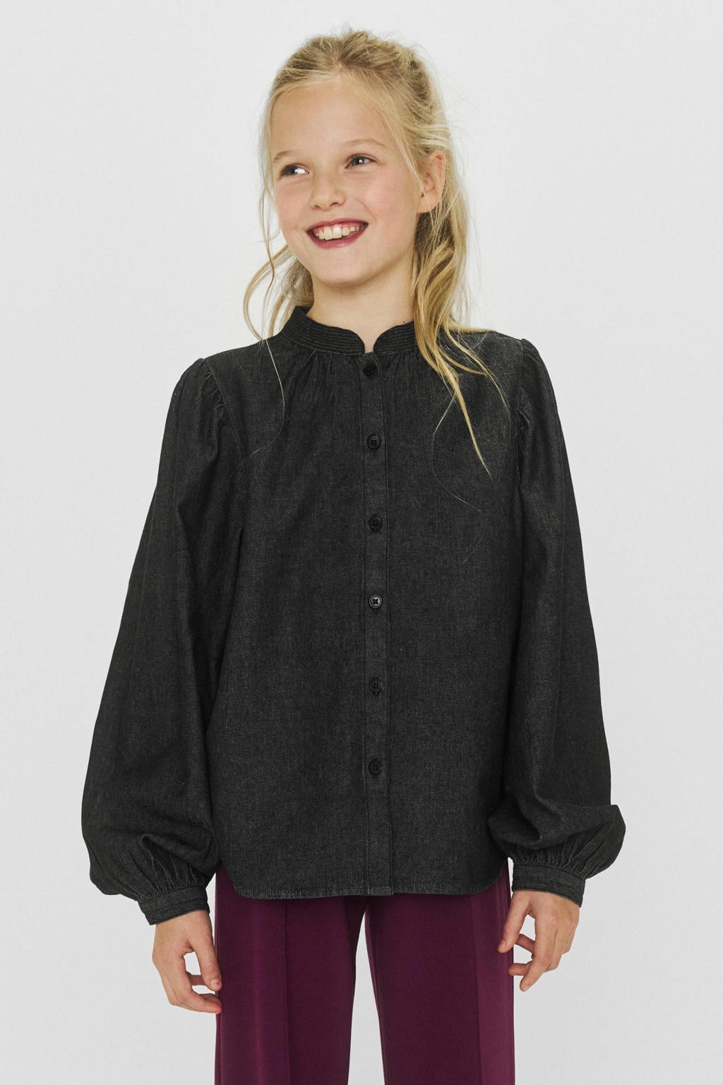 Grijze meisjes Me & My Monkey blouse Robin chambray van katoen met lange mouwen, opstaande kraag en knoopsluiting
