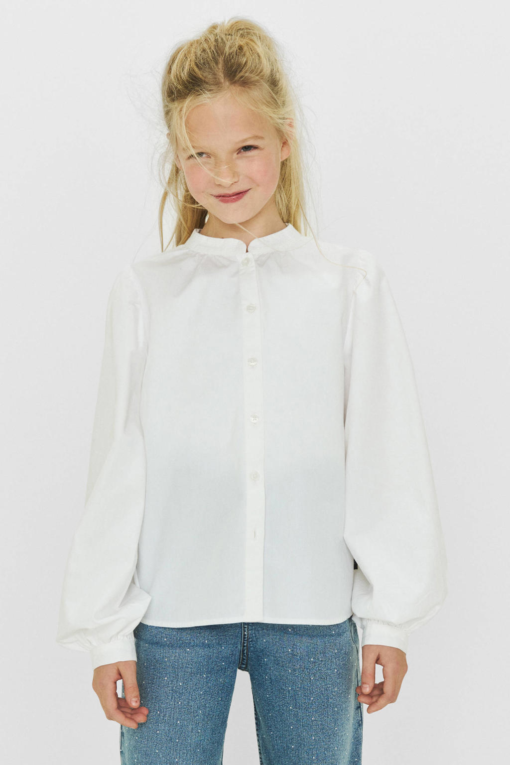 Witte meisjes Me & My Monkey blouse Robin van katoen met lange mouwen, opstaande kraag en knoopsluiting