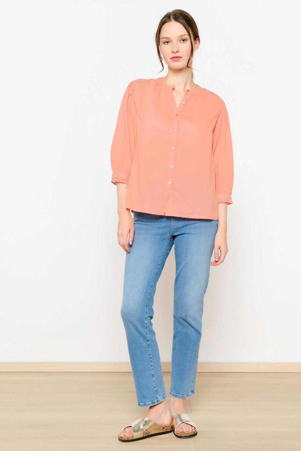 Zalmkleurige dames LOLALIZA blouse van katoen met effen, driekwart mouwen, button down sluiting, knoopsluiting en open detail